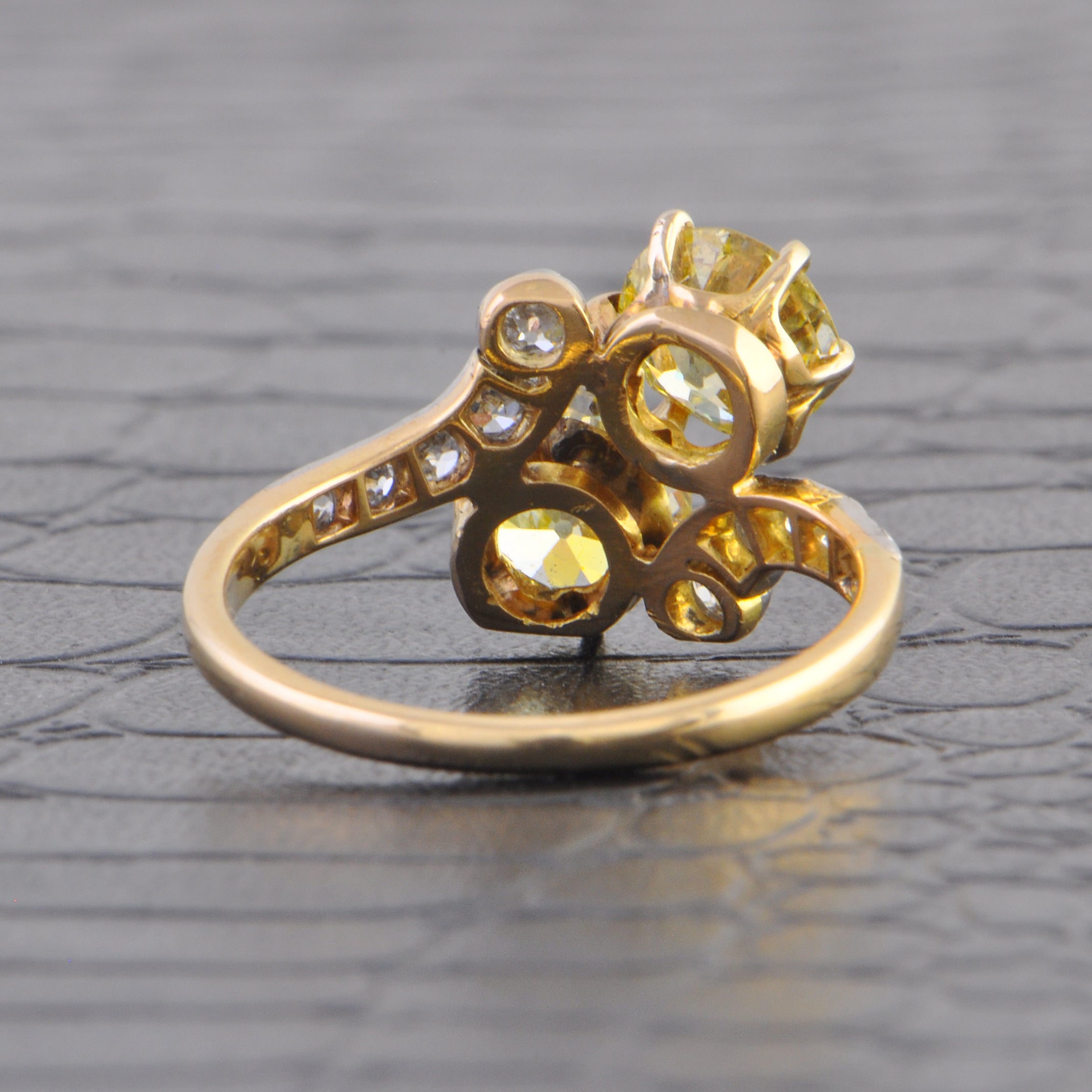 Antique Platinum-Topped 14k Yellow Gold Bypass Ring with 2.37 Carat Fancy Yellow Old European Cut Diamonds