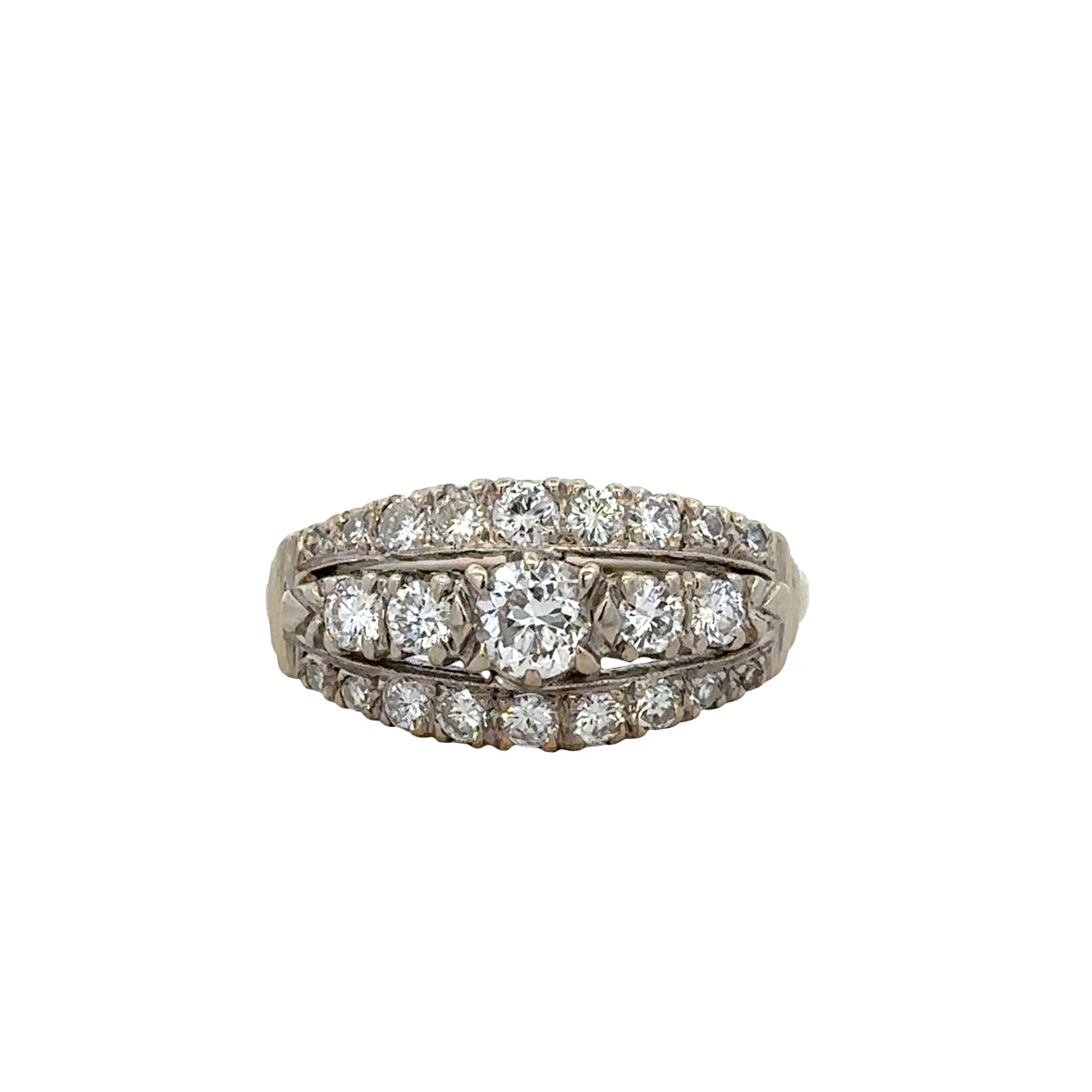 Vintage Platinum and 14k White Gold Diamond Three-Row Ring – Size 6.5