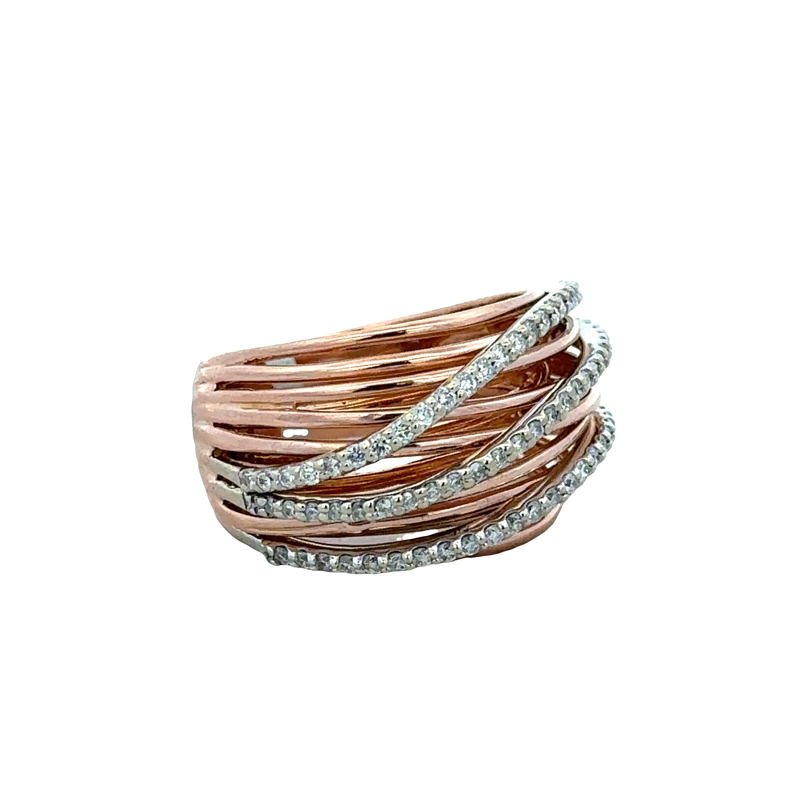 18k Rose & White Gold Multi-Row Diamond Ribbon Band – Size 7