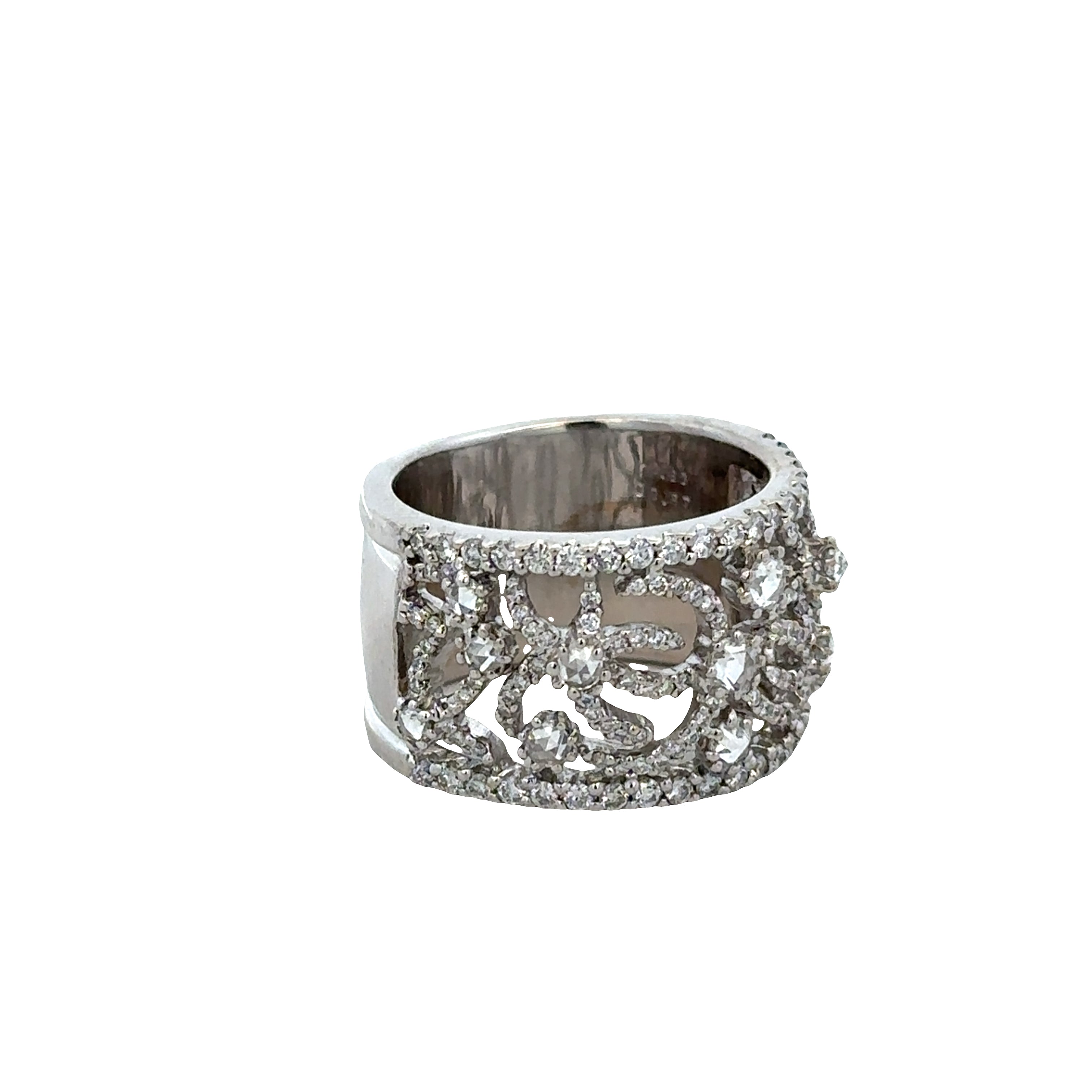 18k White Gold Openwork Rose-Cut & Round Diamond Band – Size 8