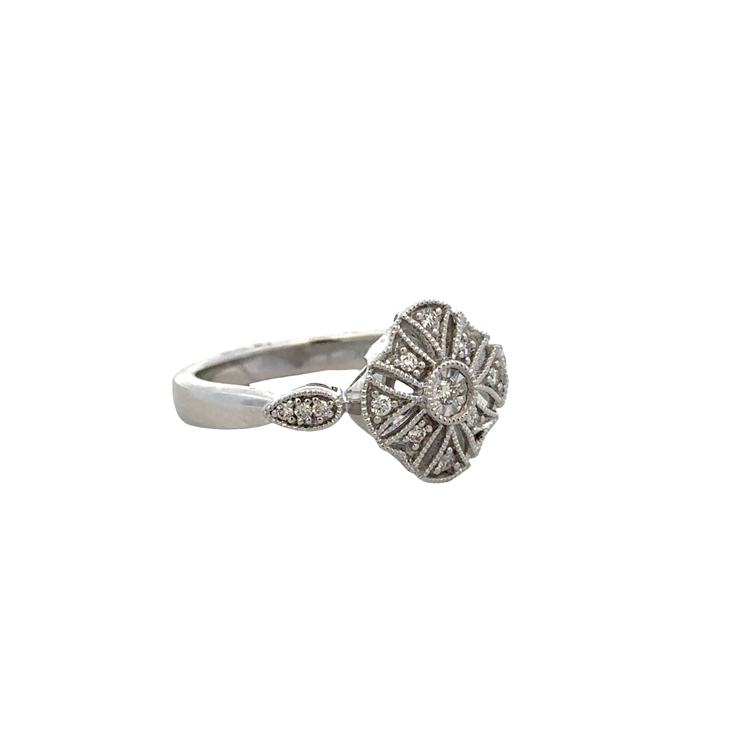14k White Gold Diamond Openwork Floral Ring – Size 7