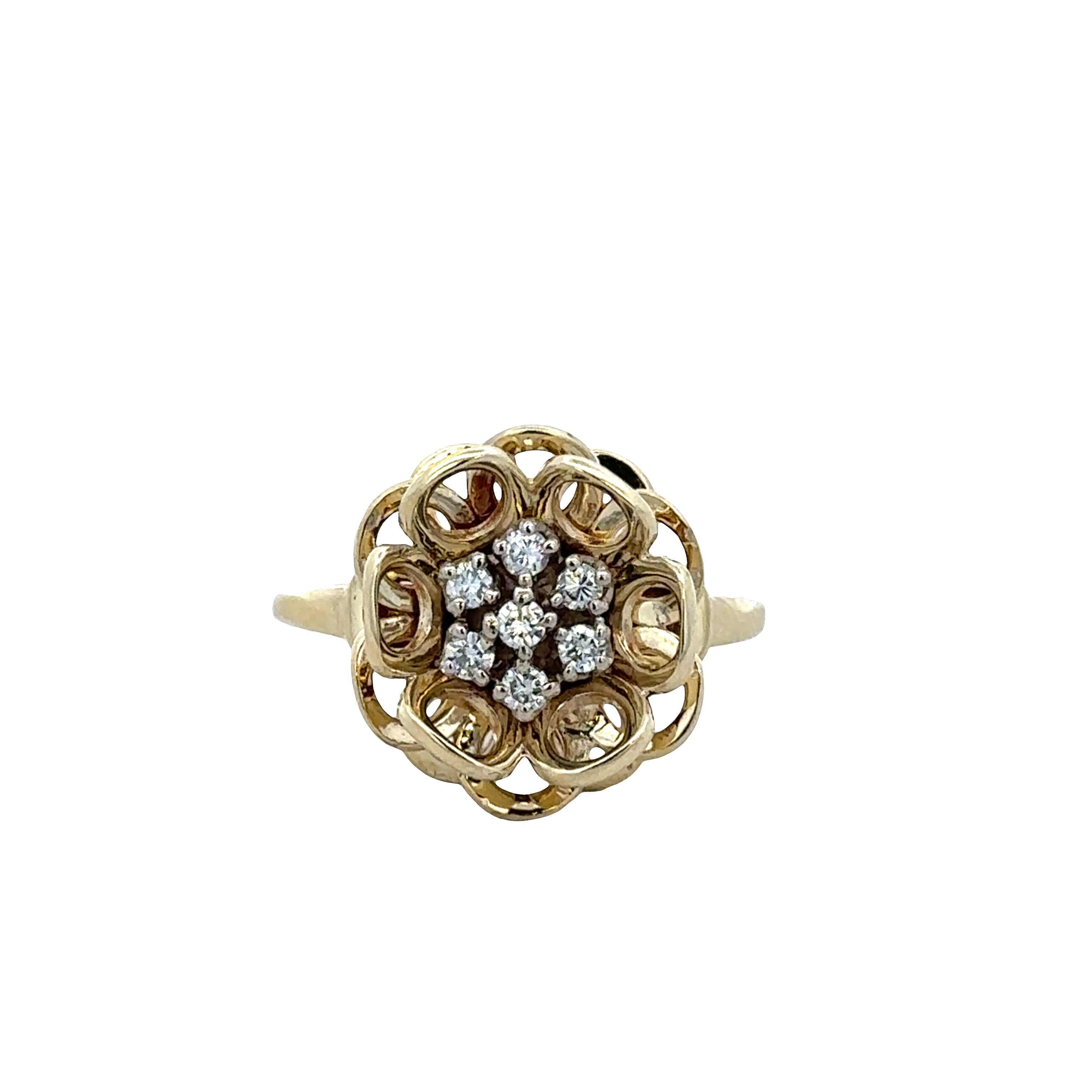14k Yellow Gold Diamond Openwork Flower Ring – Size 6.25