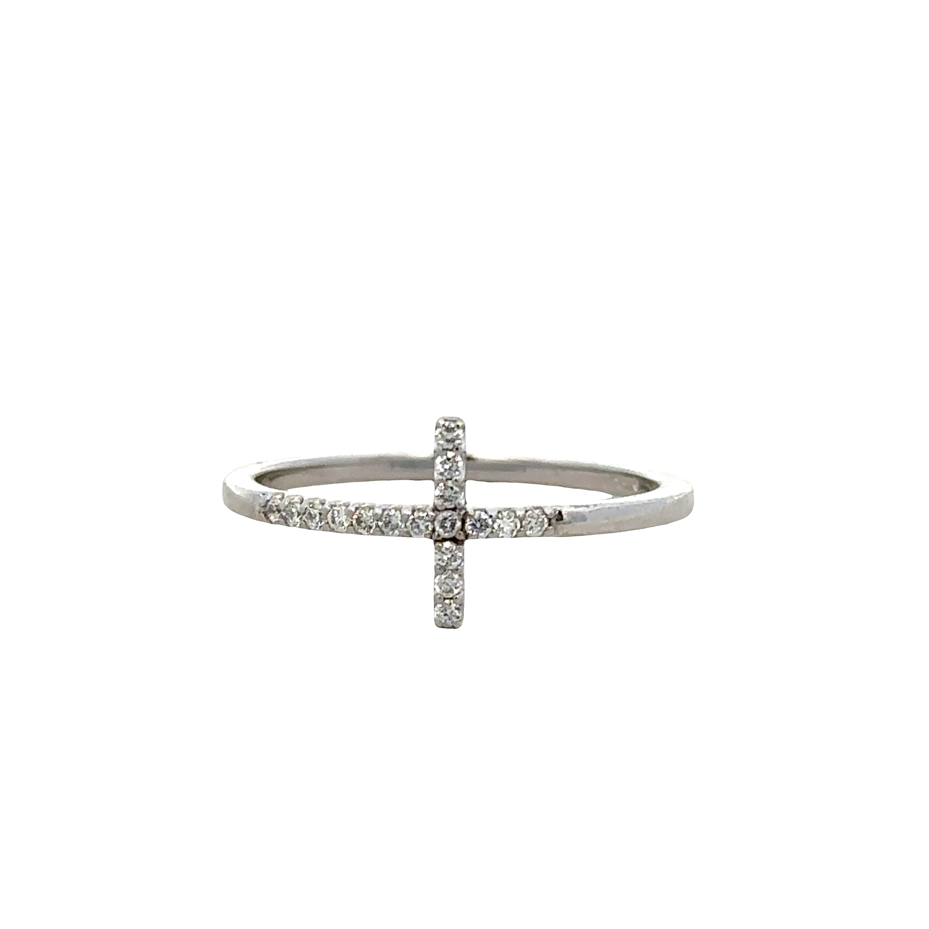 14k White Gold Diamond Cross Motif Band Ring – Size 7.25