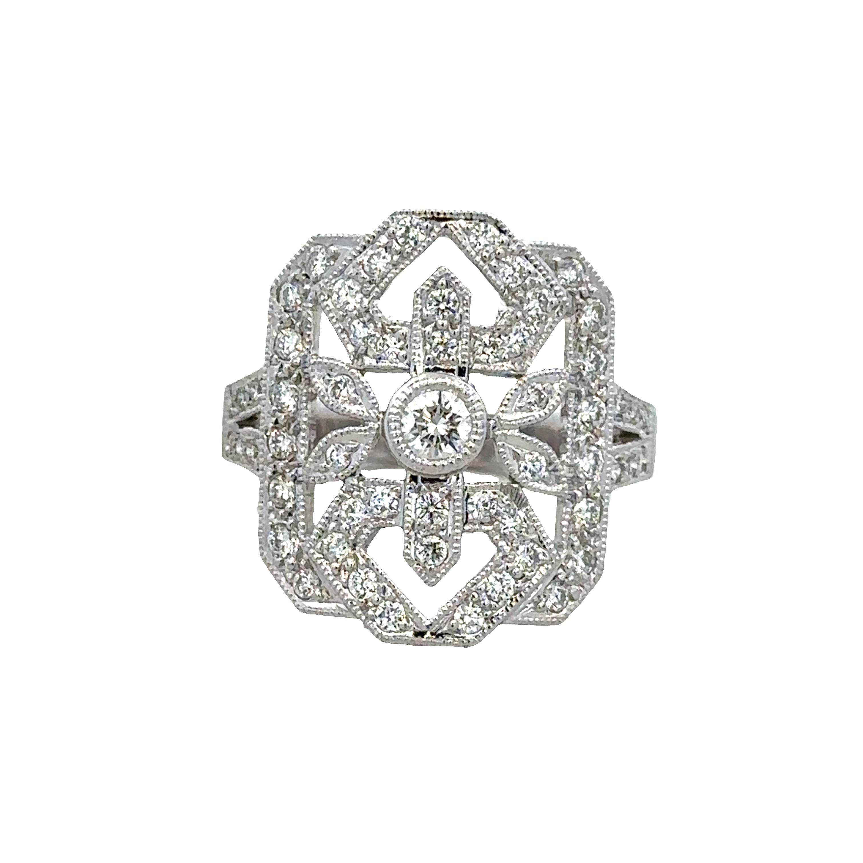 18k White Gold 1.02 CTW Diamond Openwork Shield Ring – Size 6.75