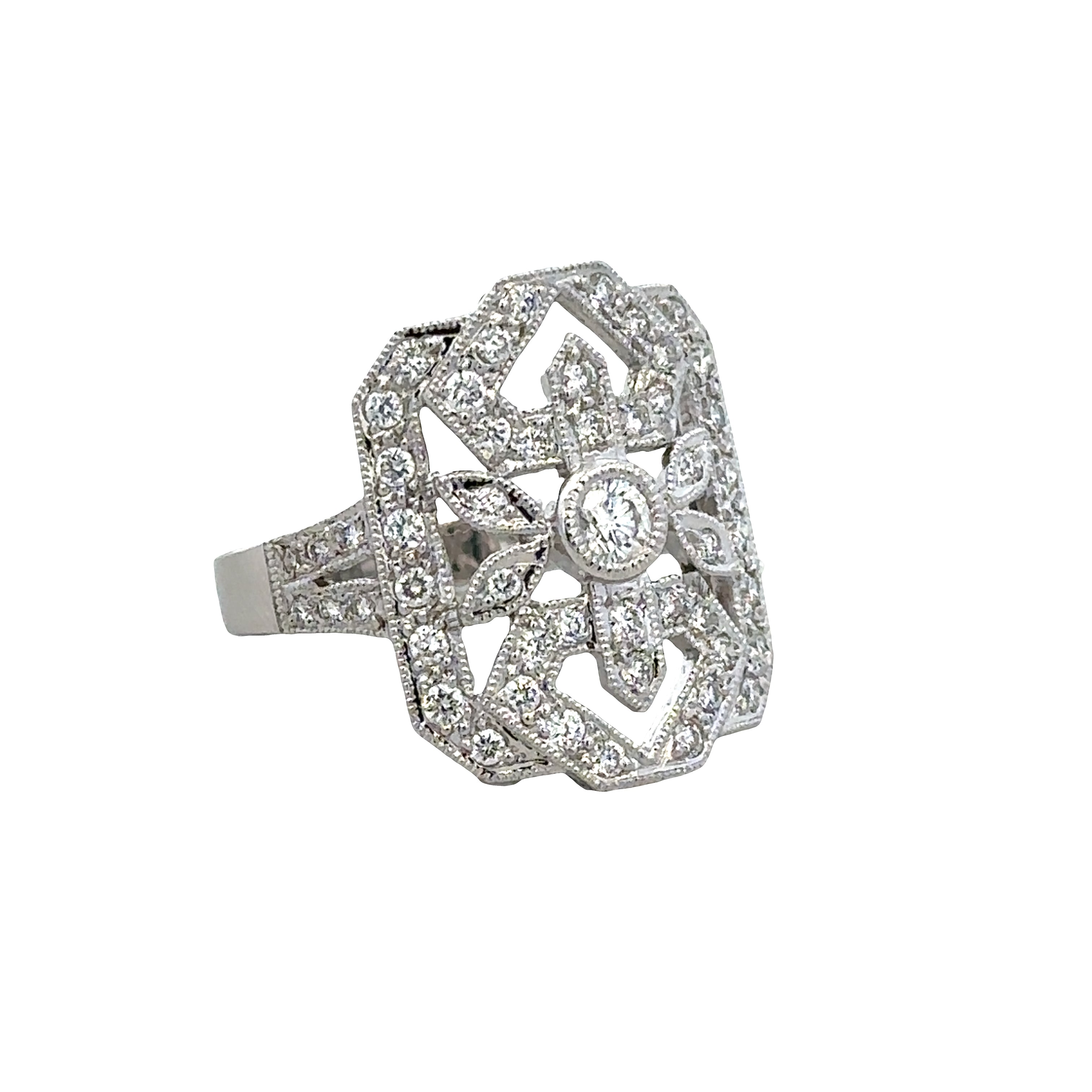 18k White Gold 1.02 CTW Diamond Openwork Shield Ring – Size 6.75