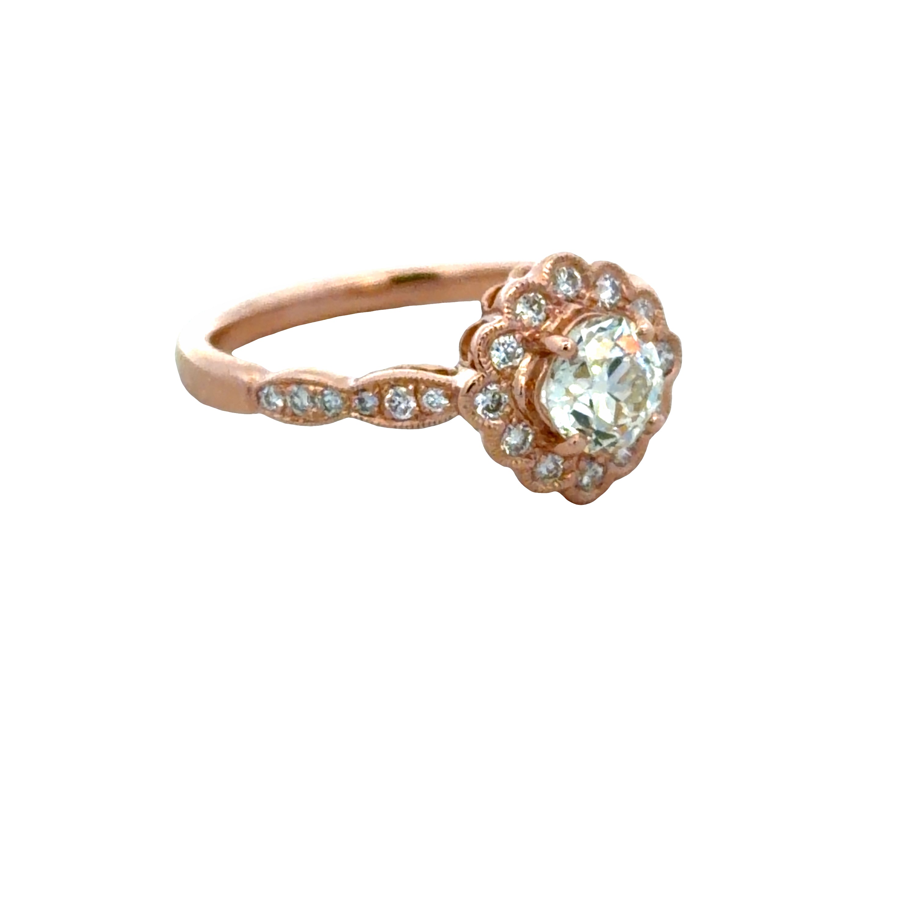 18k Rose Gold Old European Cut Diamond Scalloped Halo Engagement Ring – Size 6.5