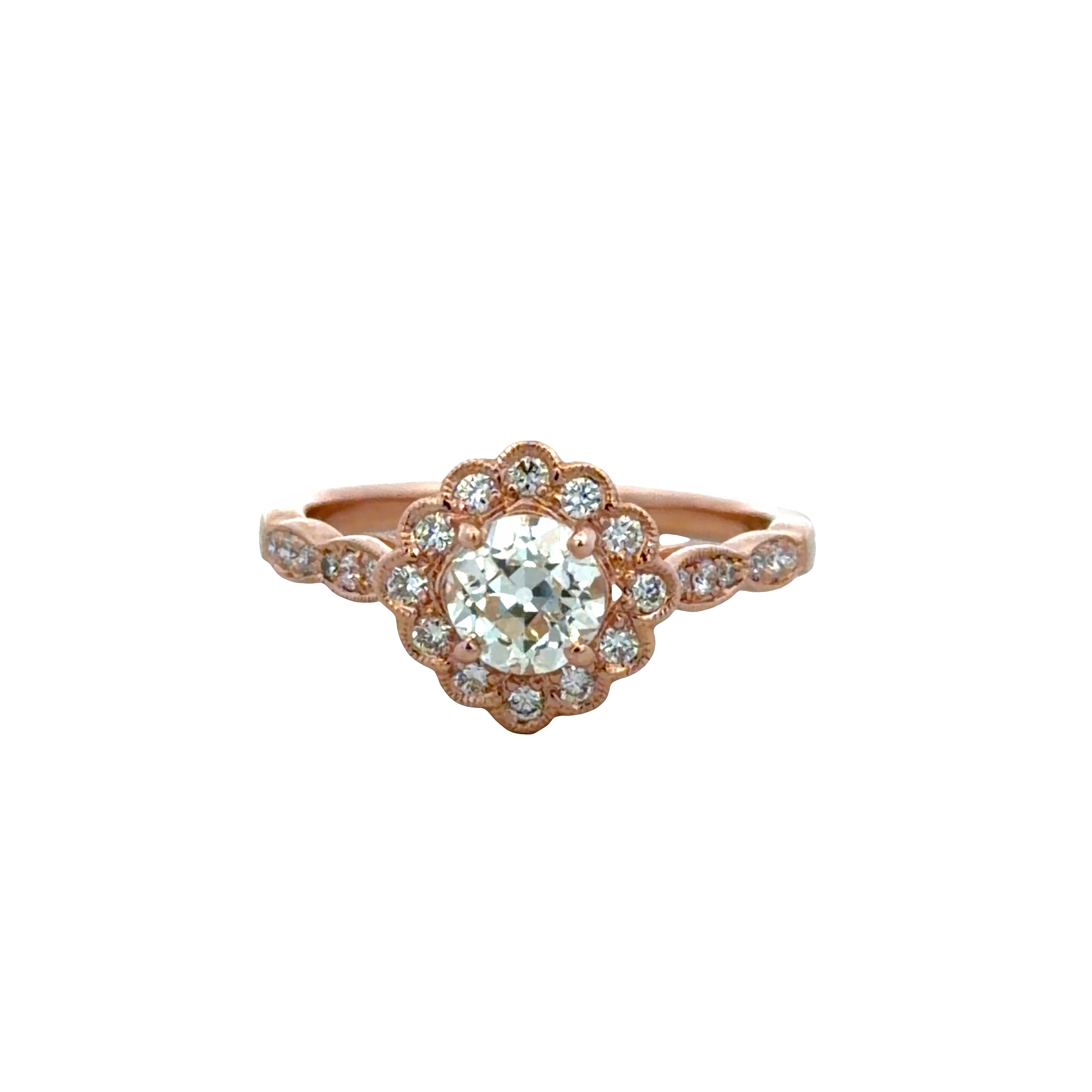 18k Rose Gold Old European Cut Diamond Scalloped Halo Engagement Ring – Size 6.5