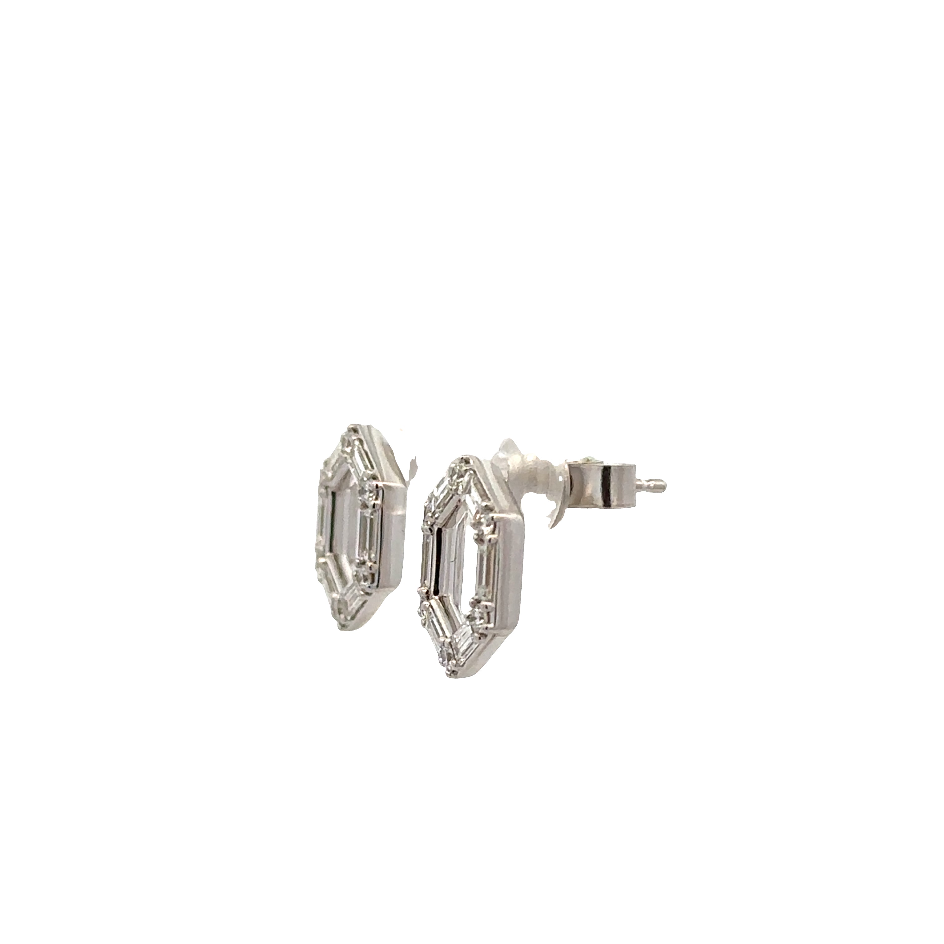 Geometric Baguette and Round Diamond Stud Earrings in White Gold