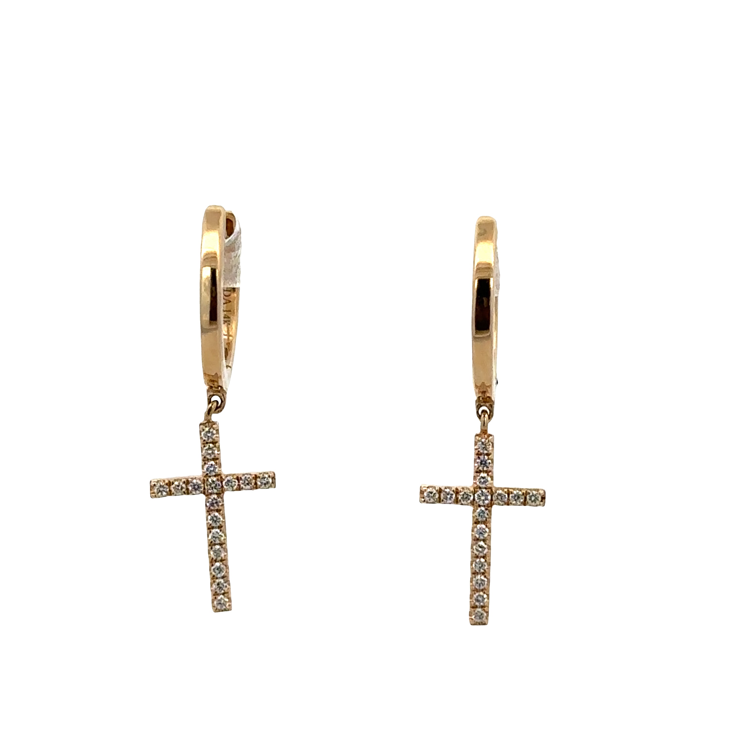 14k Yellow Gold Diamond Cross Dangle Earrings – 1" Long