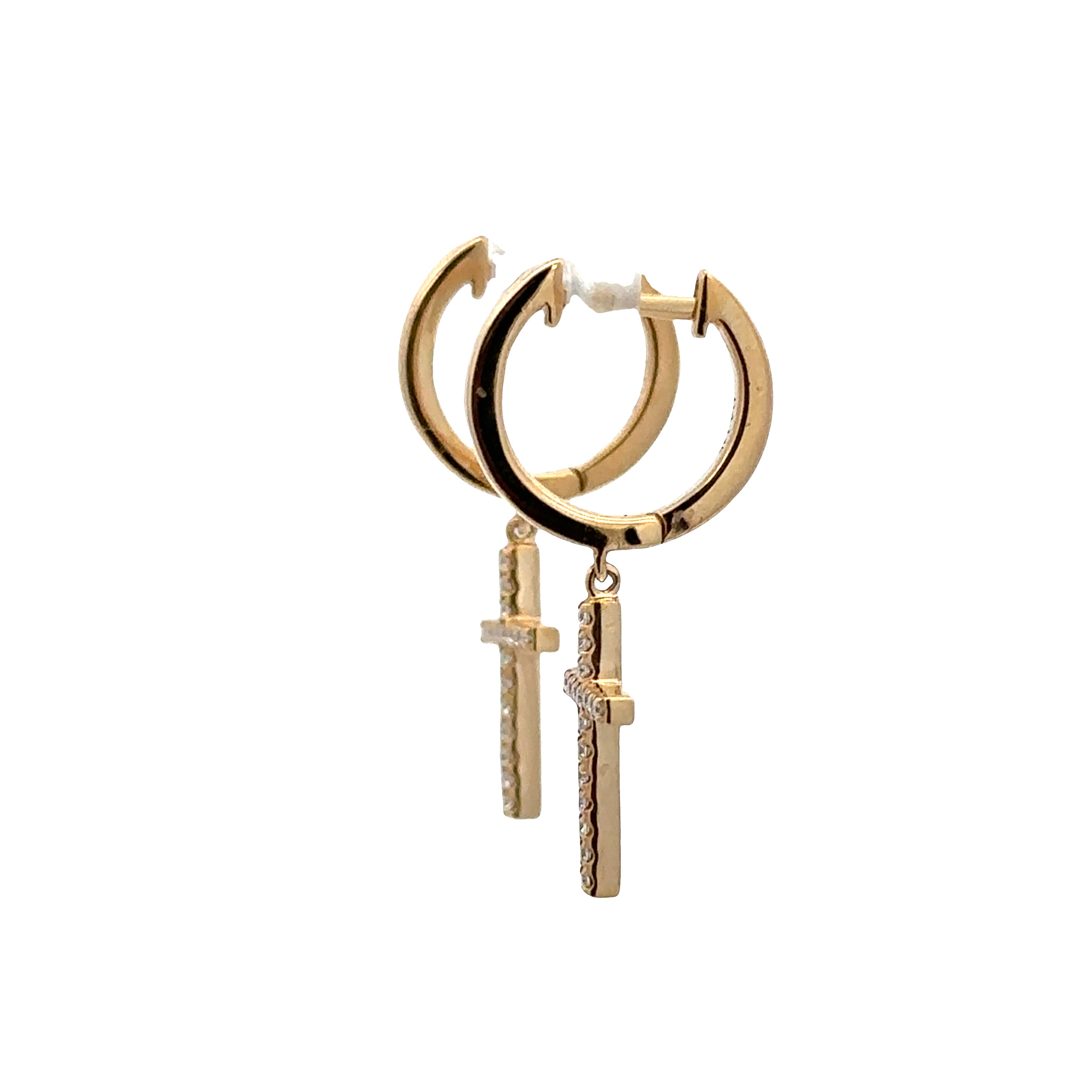 14k Yellow Gold Diamond Cross Dangle Earrings – 1" Long