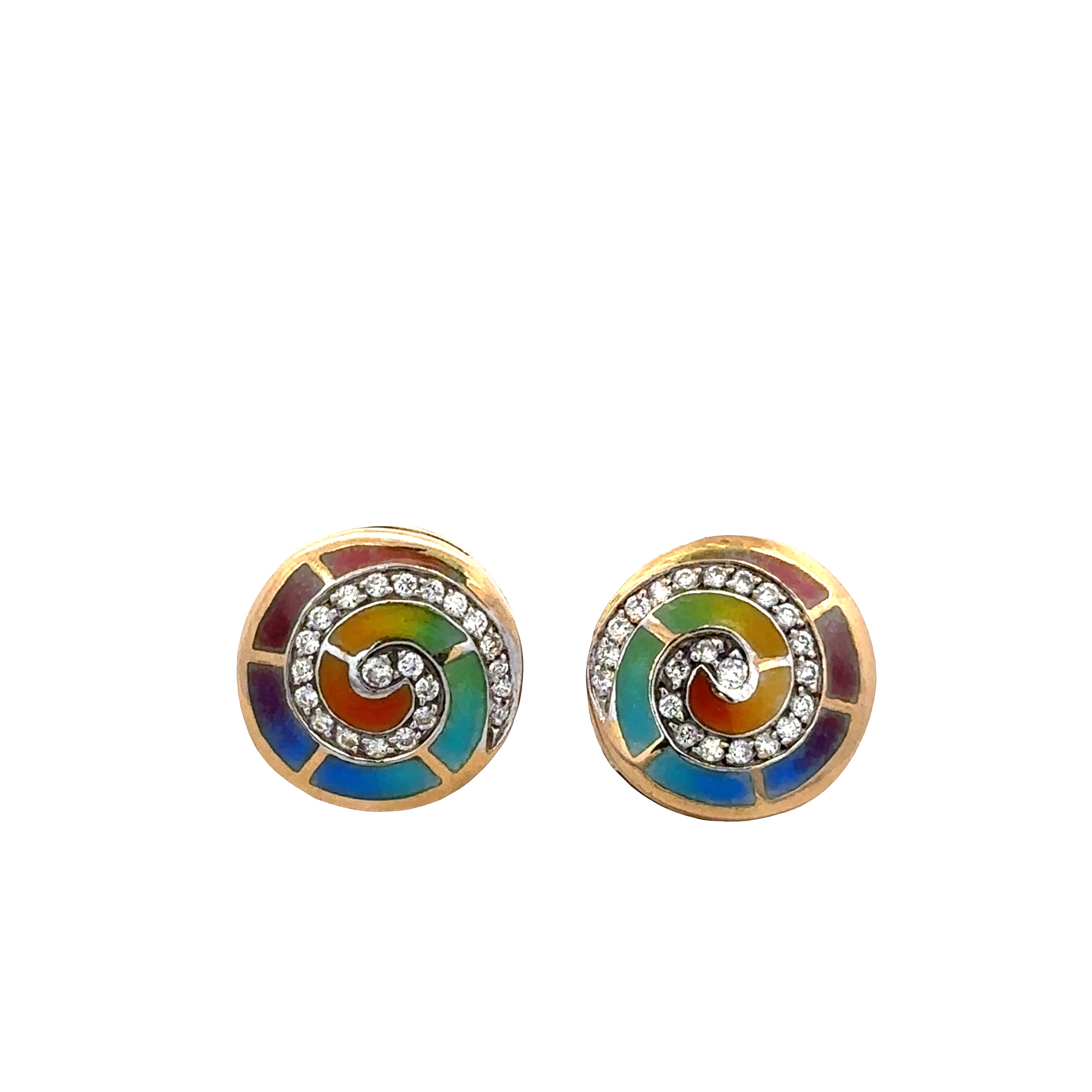 Estate Bagués-Masriera 18k Yellow Gold Enamel & Diamond Spiral Stud Earrings – 11.7mm