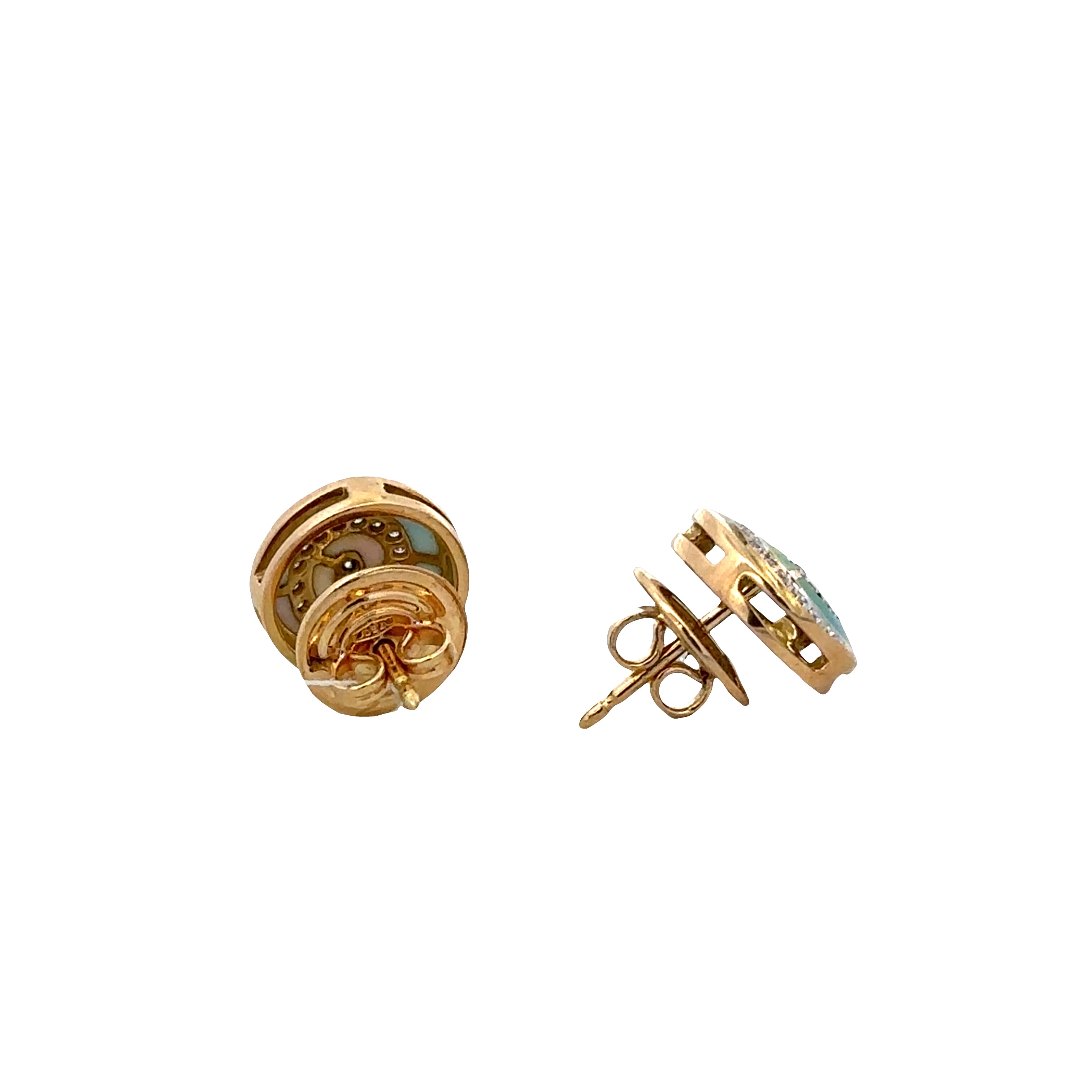 Estate Bagués-Masriera 18k Yellow Gold Enamel & Diamond Spiral Stud Earrings – 11.7mm