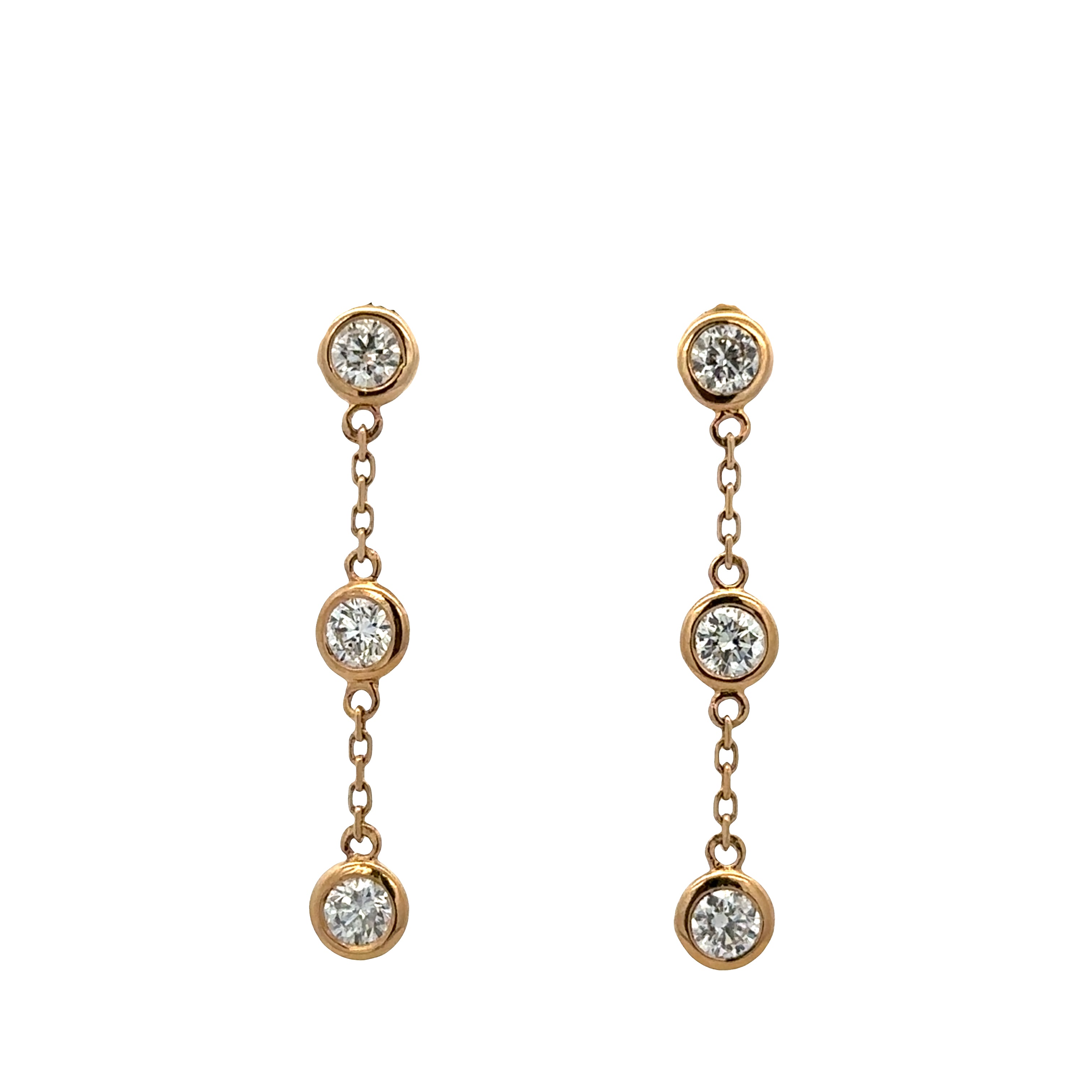 14k Yellow Gold Diamond Bezel-Set Dangle Earrings – 1 1/8" Tall