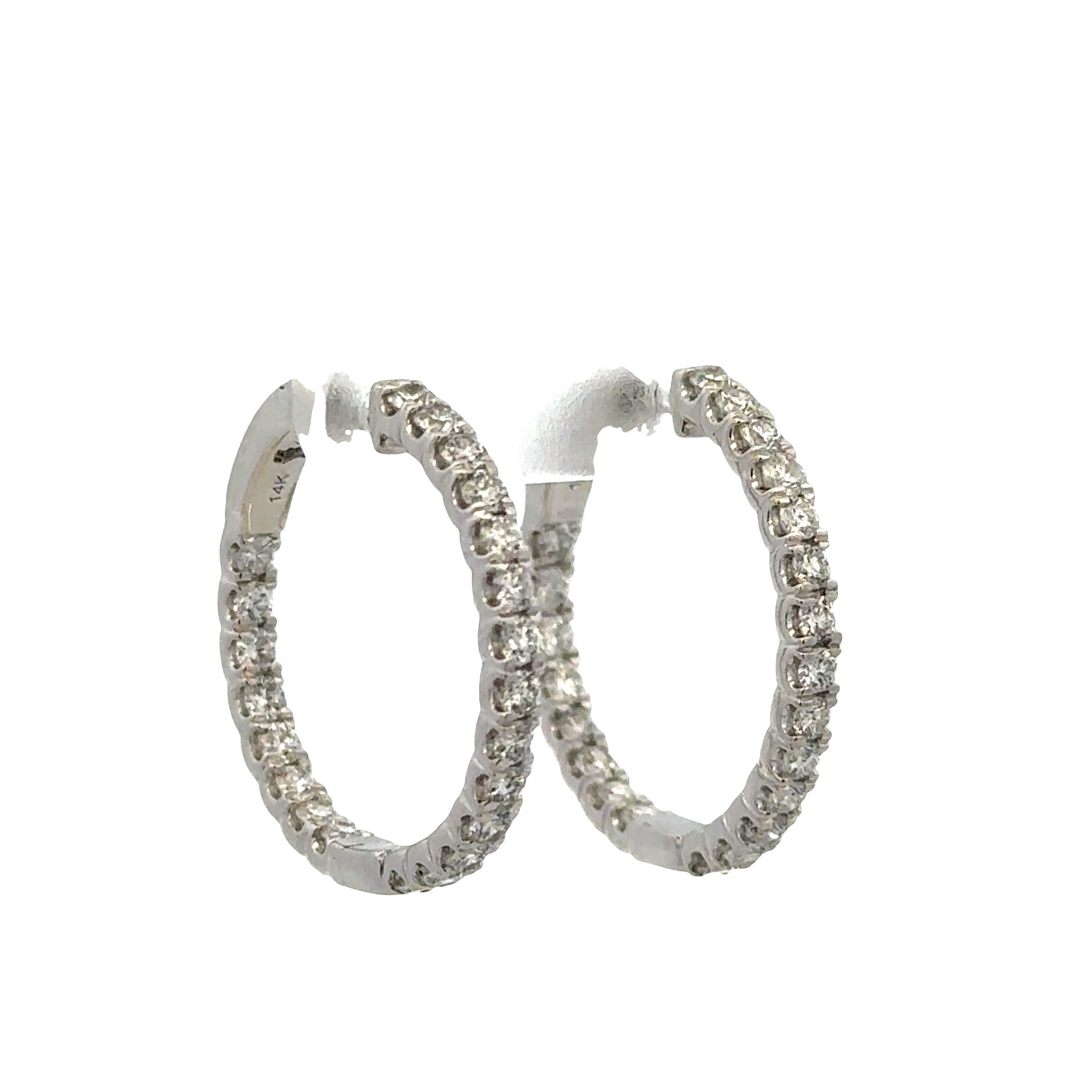 14k White Gold Diamond Hoop Earrings – 1" Tall
