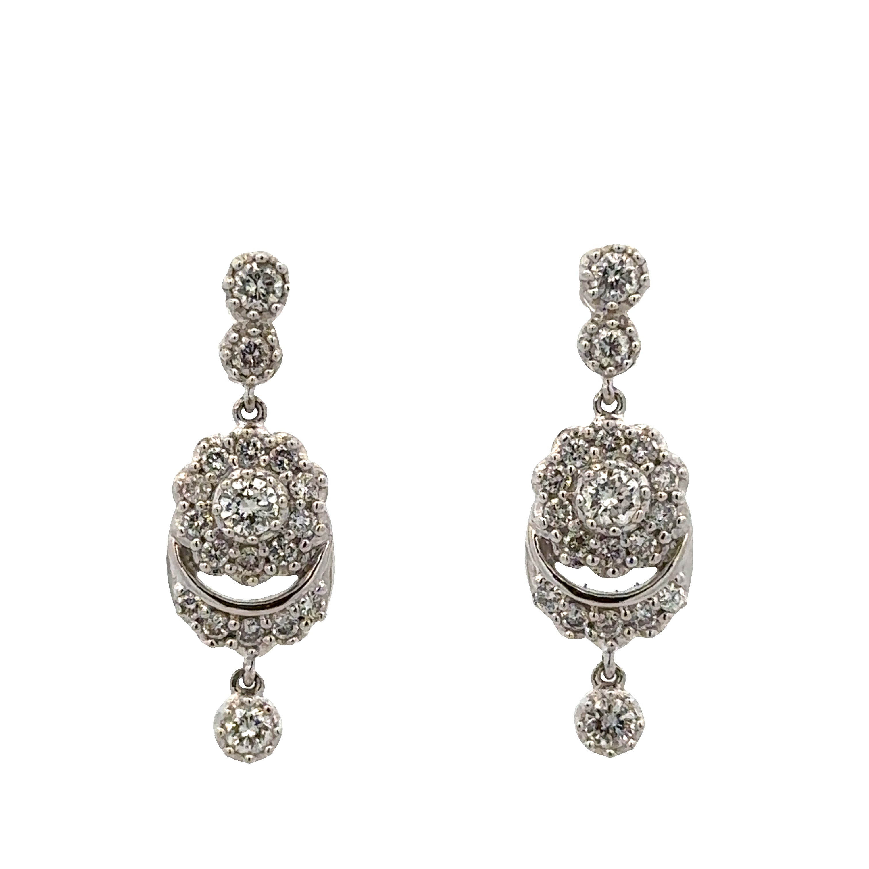 14k White Gold Diamond Cluster Dangle Earrings – 7/8" Tall
