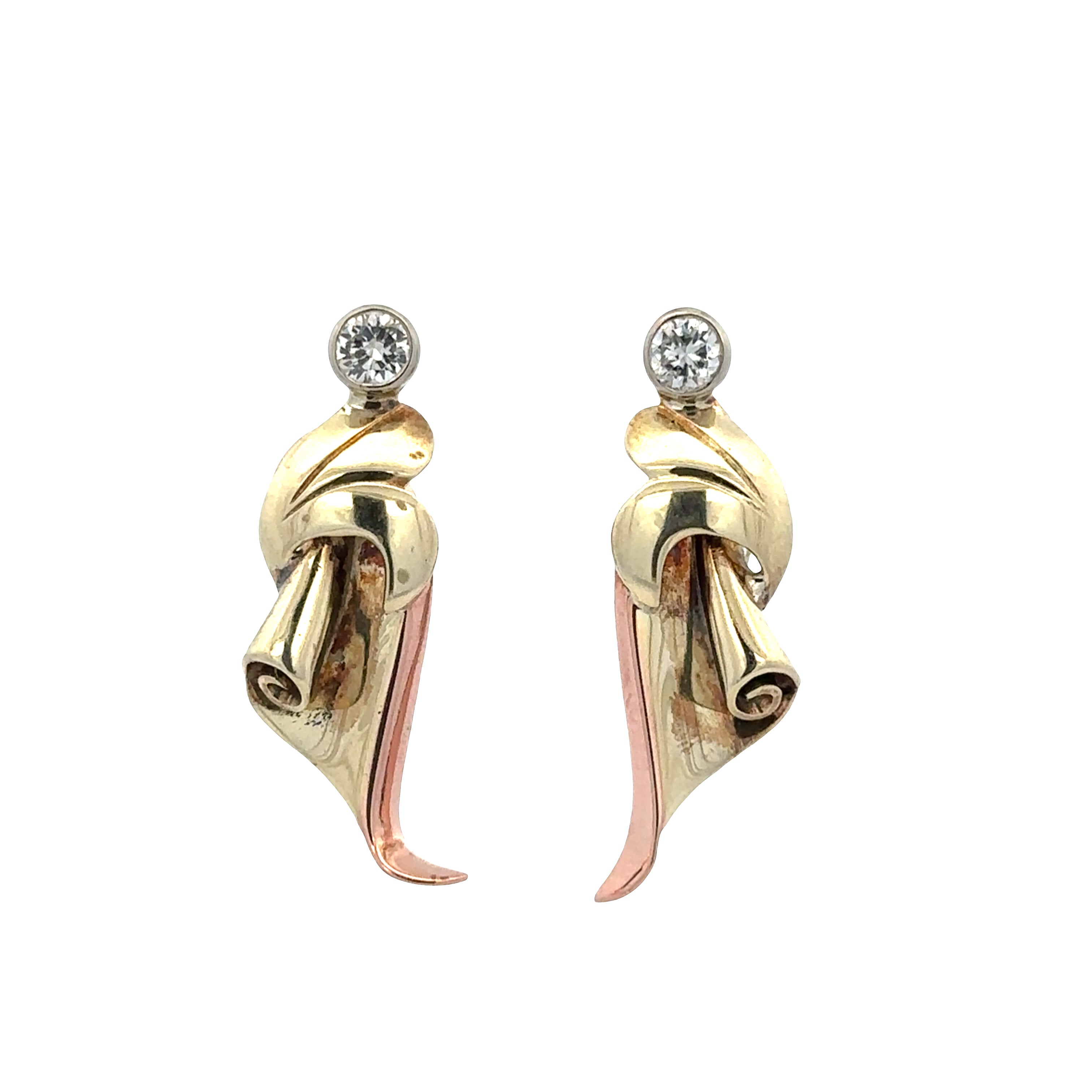 Vintage Retro 14k Yellow & Rose Gold Diamond Ribbon Earrings – Circa 1940s