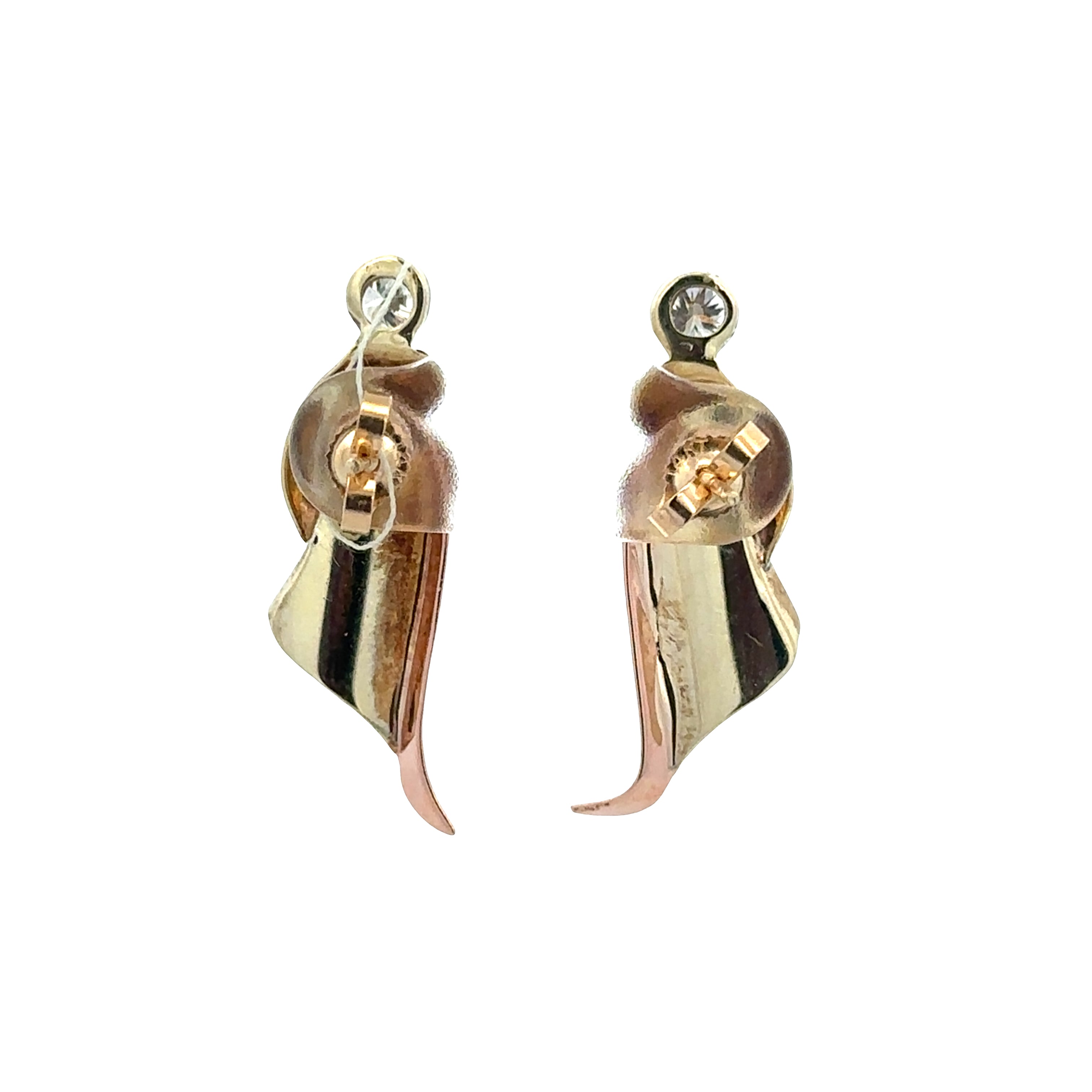Vintage Retro 14k Yellow & Rose Gold Diamond Ribbon Earrings – Circa 1940s