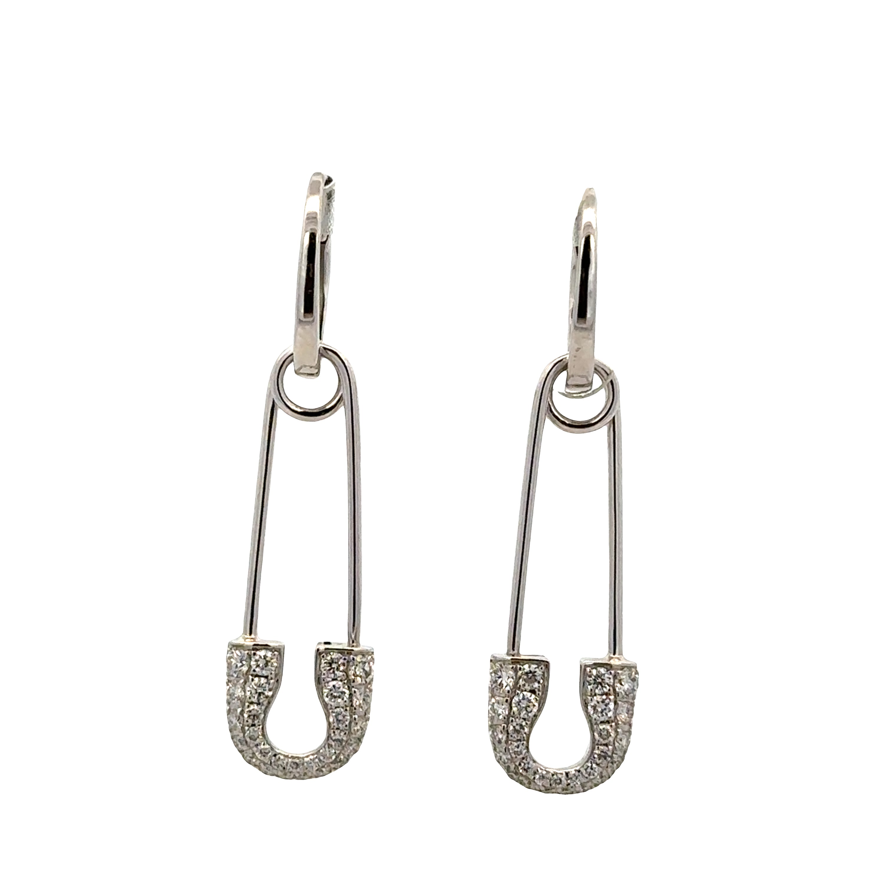 14k White Gold Diamond Safety Pin Motif Dangle Earrings