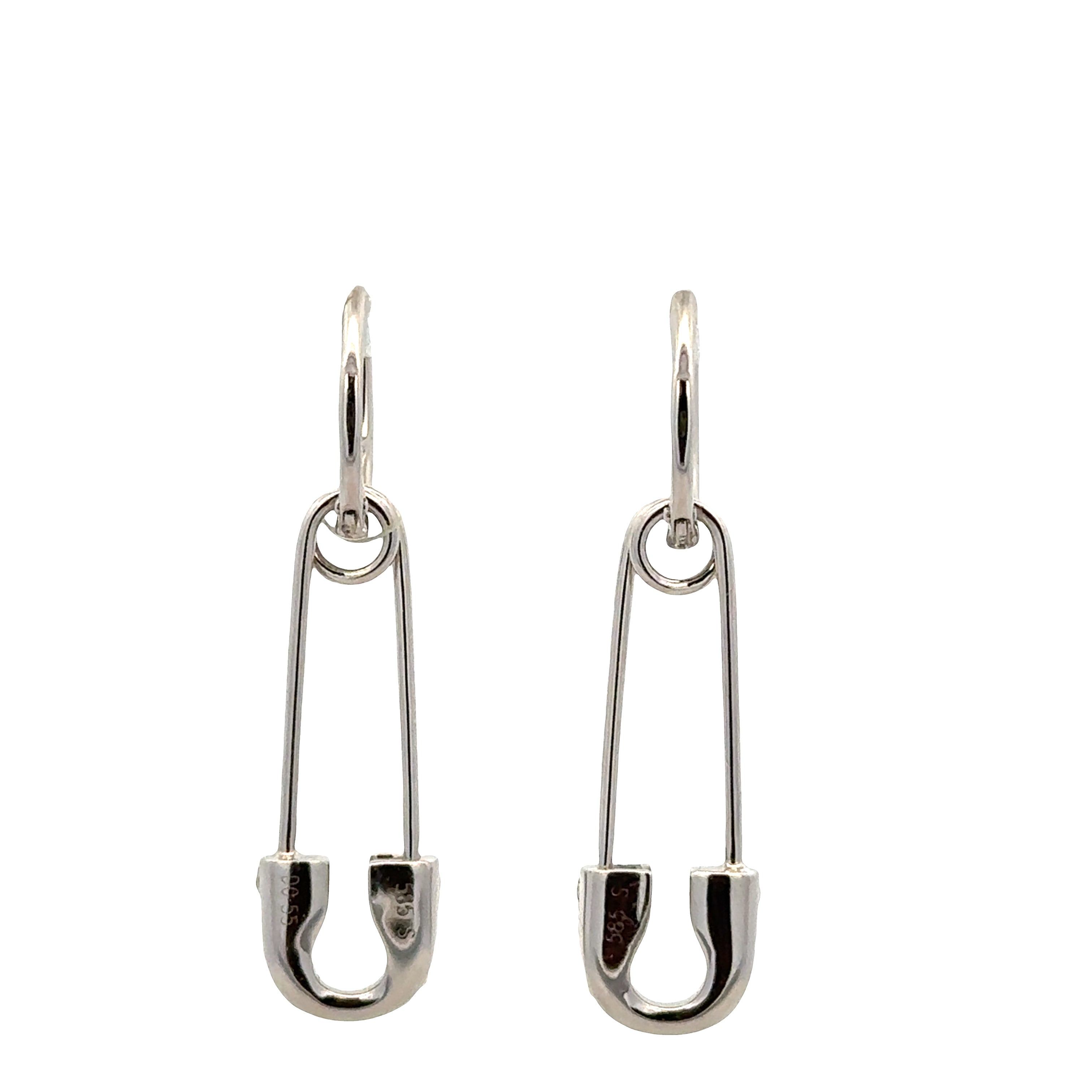 14k White Gold Diamond Safety Pin Motif Dangle Earrings