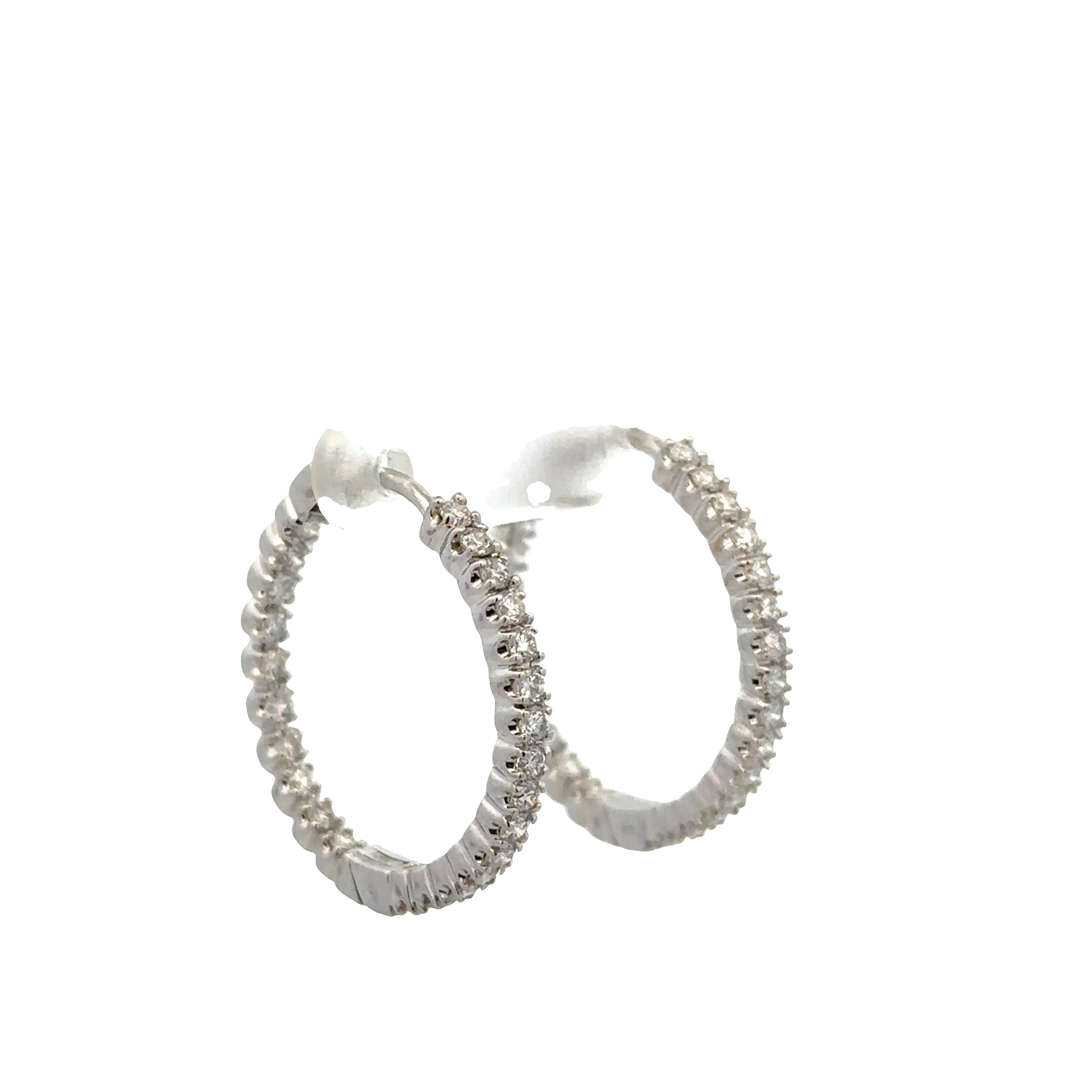 14k White Gold Diamond Hoop Earrings – 7/8" Tall