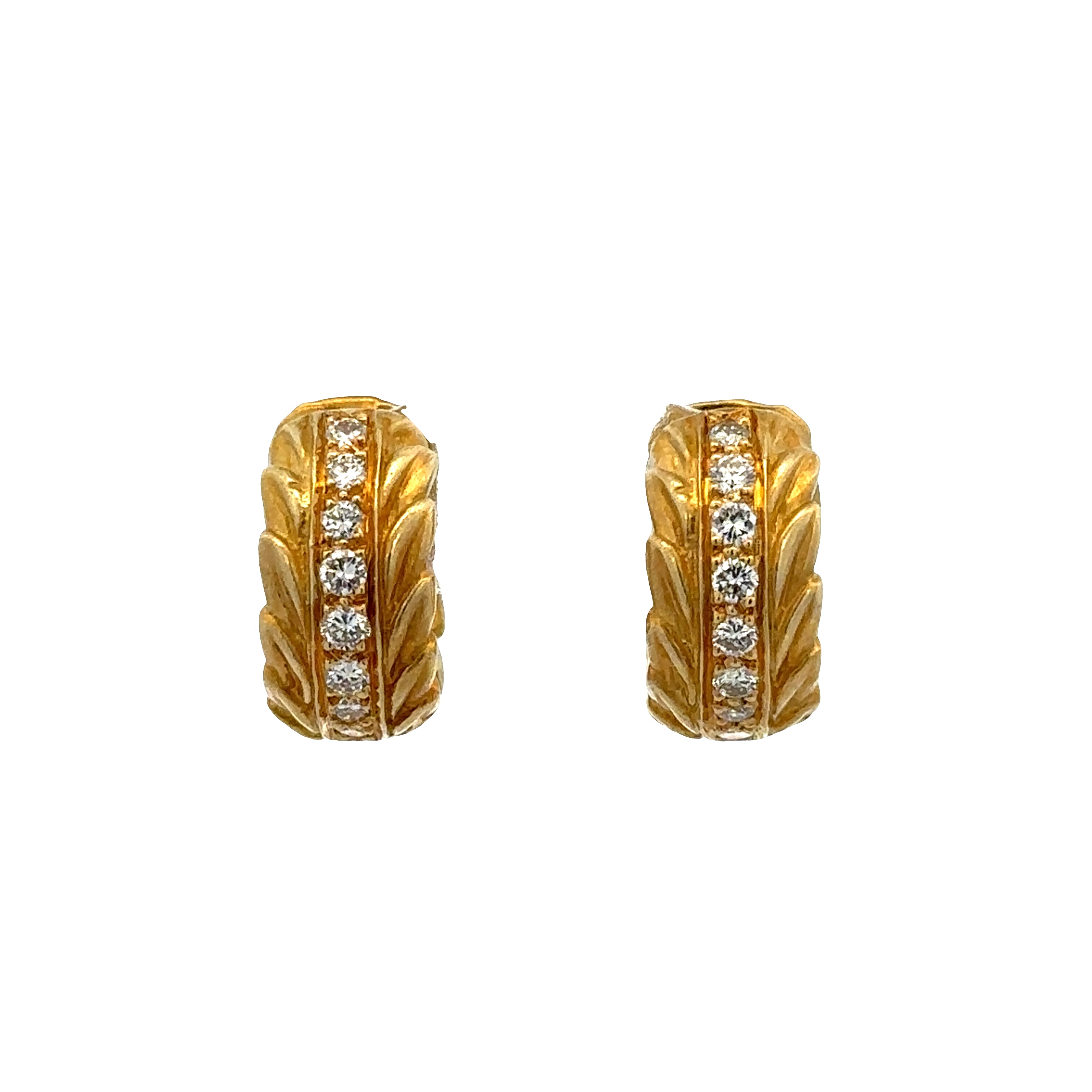18k Yellow Gold Diamond Textured Foliate Hoop Earrings