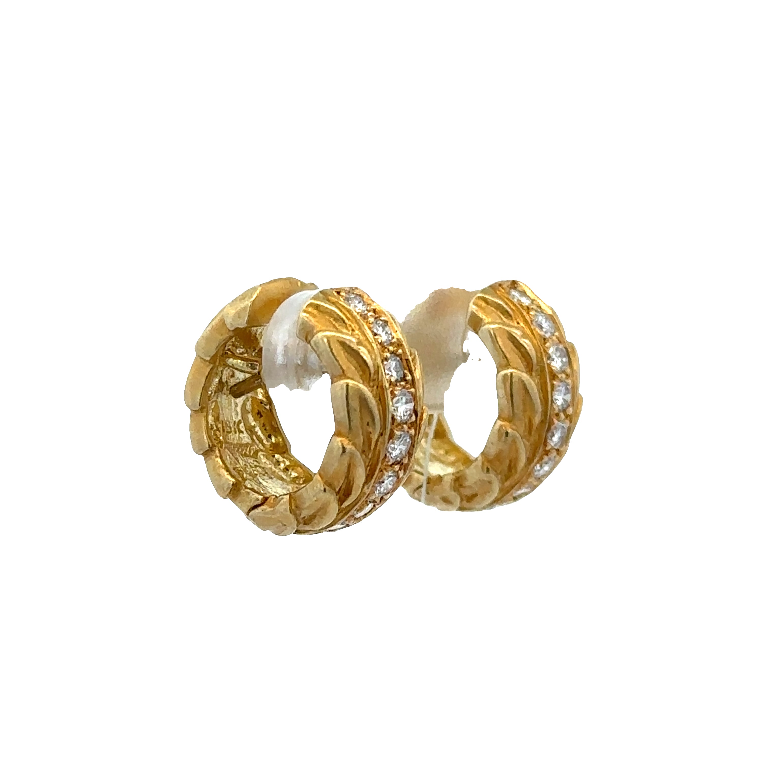 18k Yellow Gold Diamond Textured Foliate Hoop Earrings