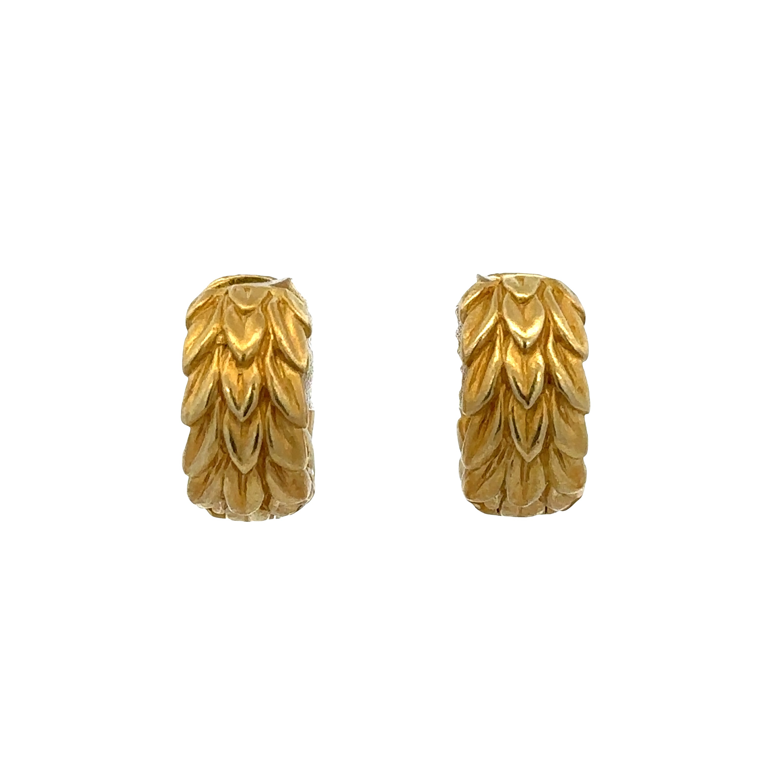 18k Yellow Gold Diamond Textured Foliate Hoop Earrings