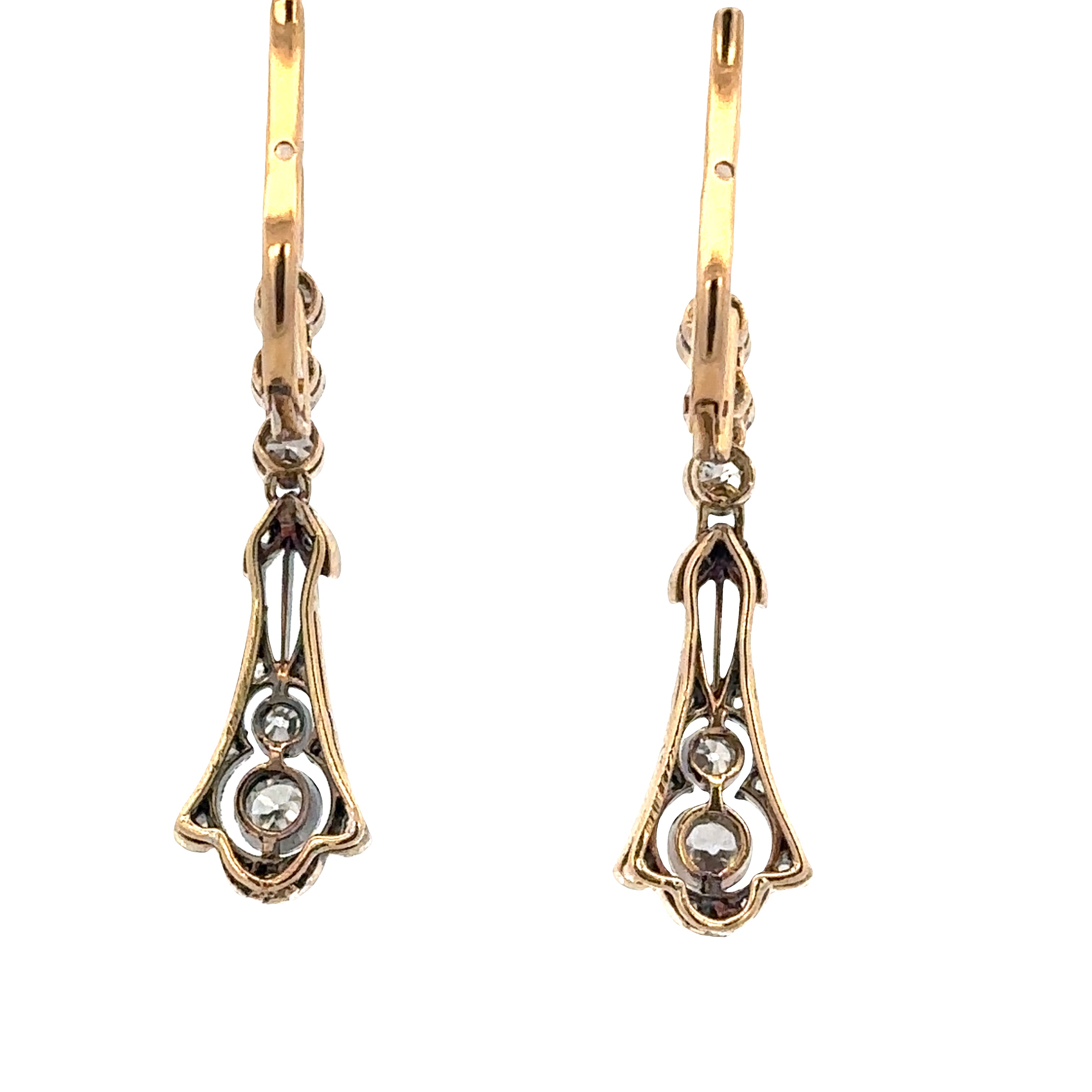 Antique Edwardian Platinum-Topped 18k Yellow Gold Diamond Dangle Earrings – Circa 1910s
