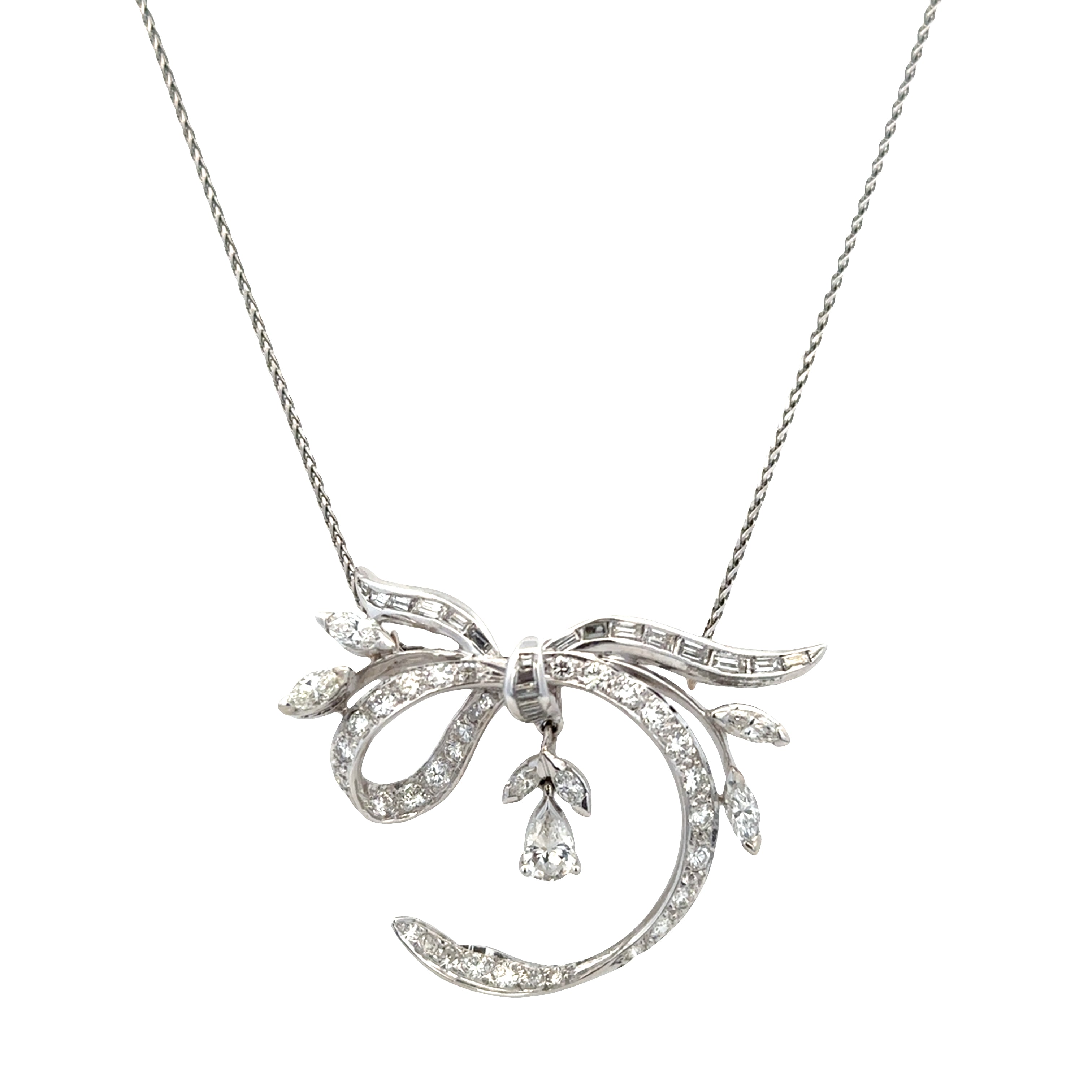 Vintage 14k White Gold Diamond Ribbon Necklace – 17", Circa 1950s