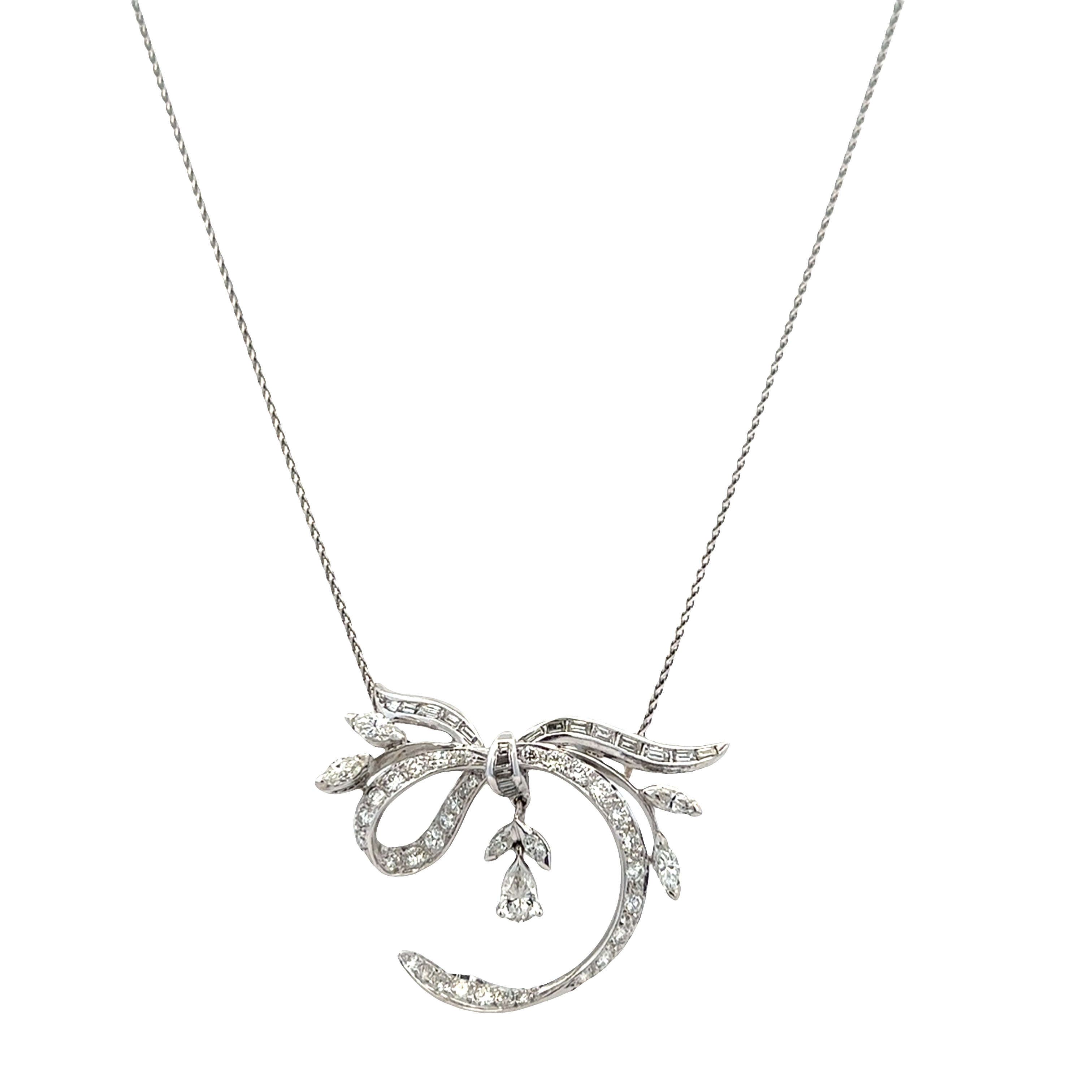 Vintage 14k White Gold Diamond Ribbon Necklace – 17", Circa 1950s
