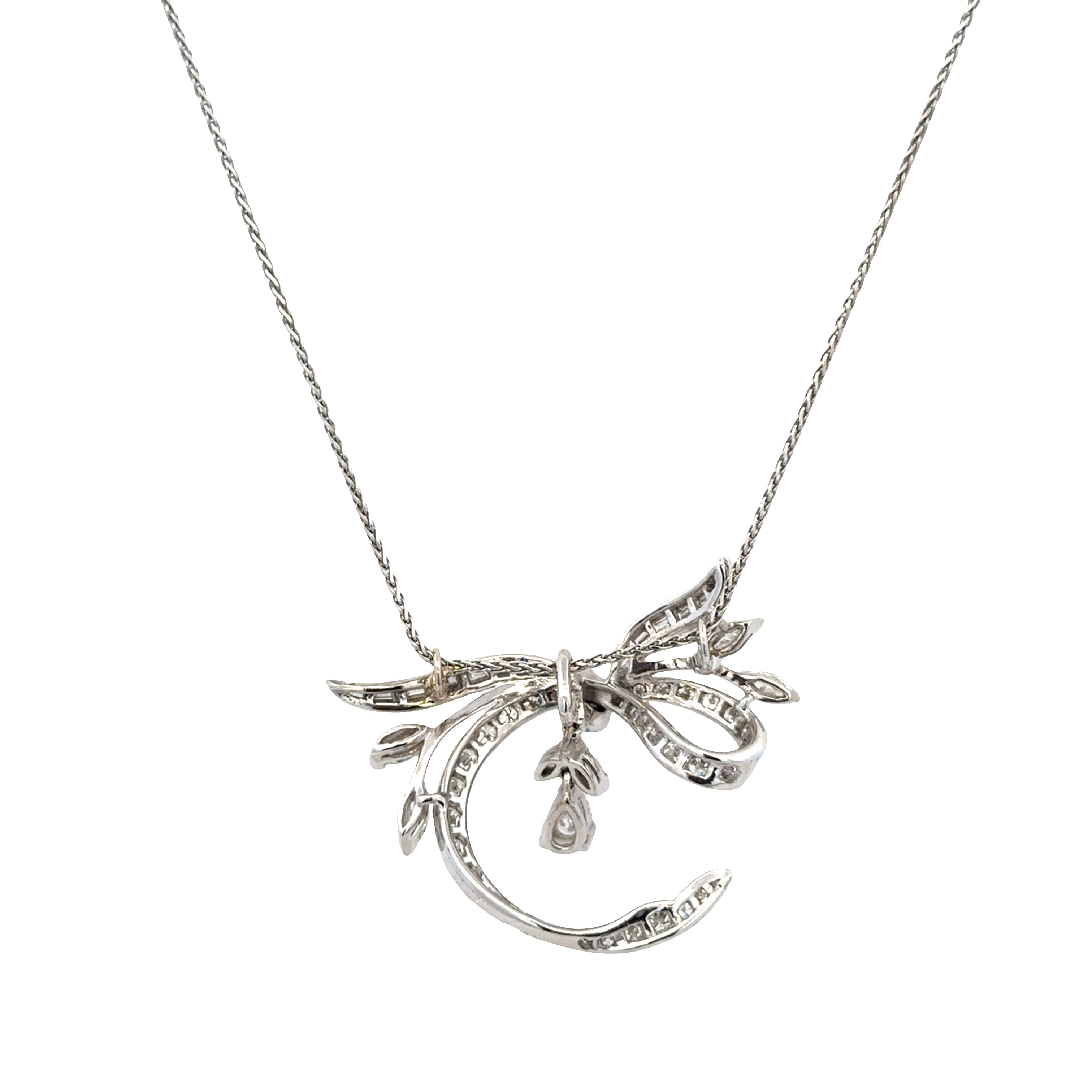 Vintage 14k White Gold Diamond Ribbon Necklace – 17", Circa 1950s