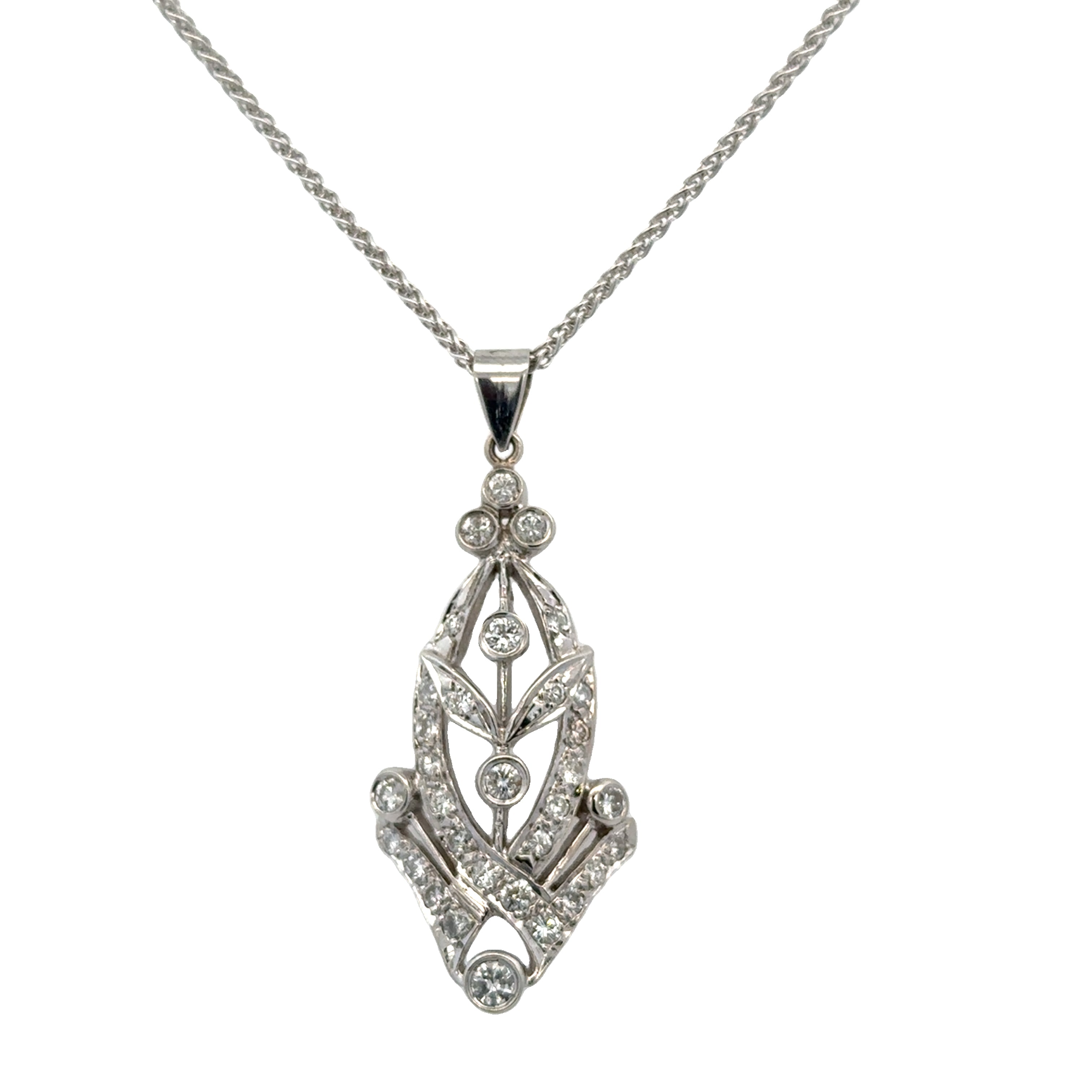 Vintage Art Deco Foliate Style Diamond Pendant in White Gold