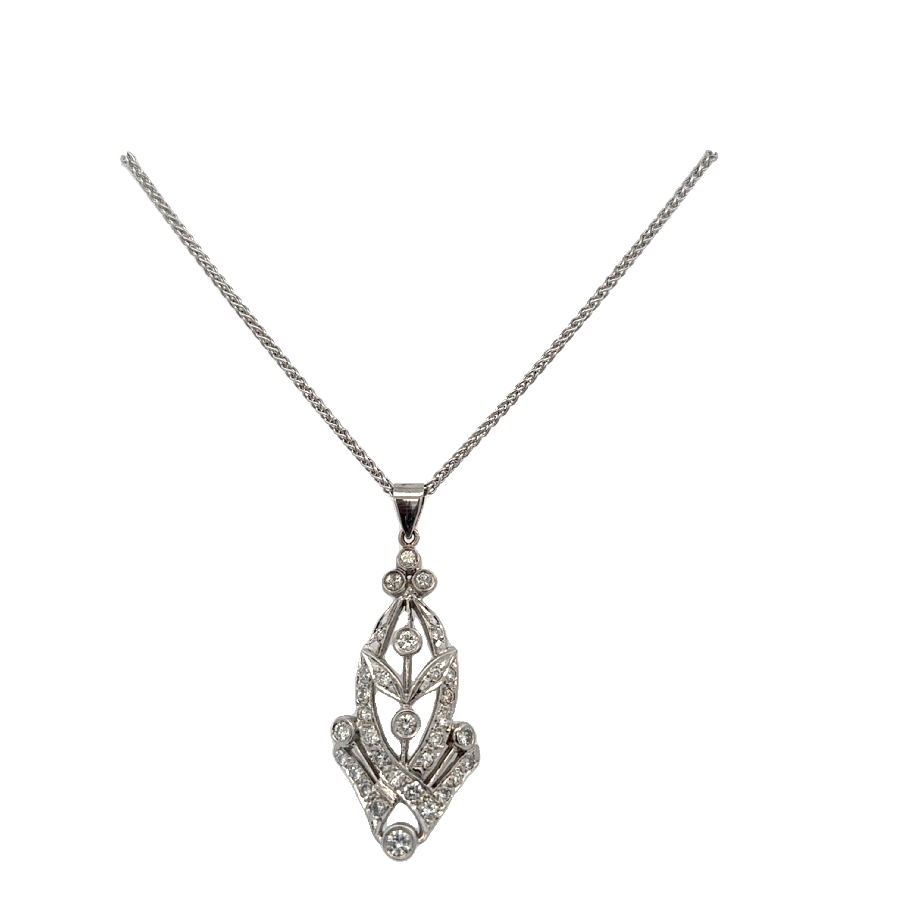 Vintage Art Deco Foliate Style Diamond Pendant in White Gold