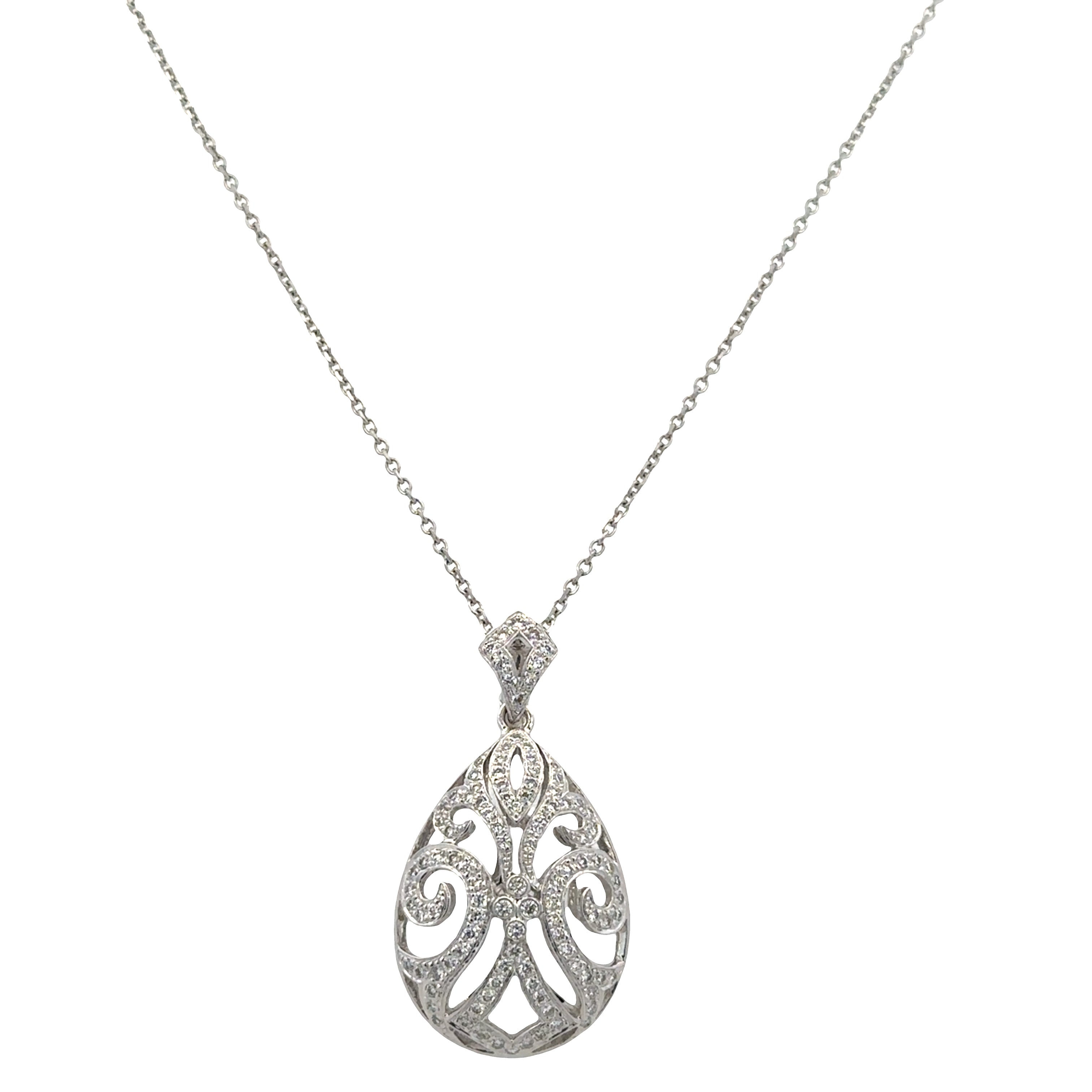 18k White Gold Openwork Teardrop Diamond Pendant – 18"
