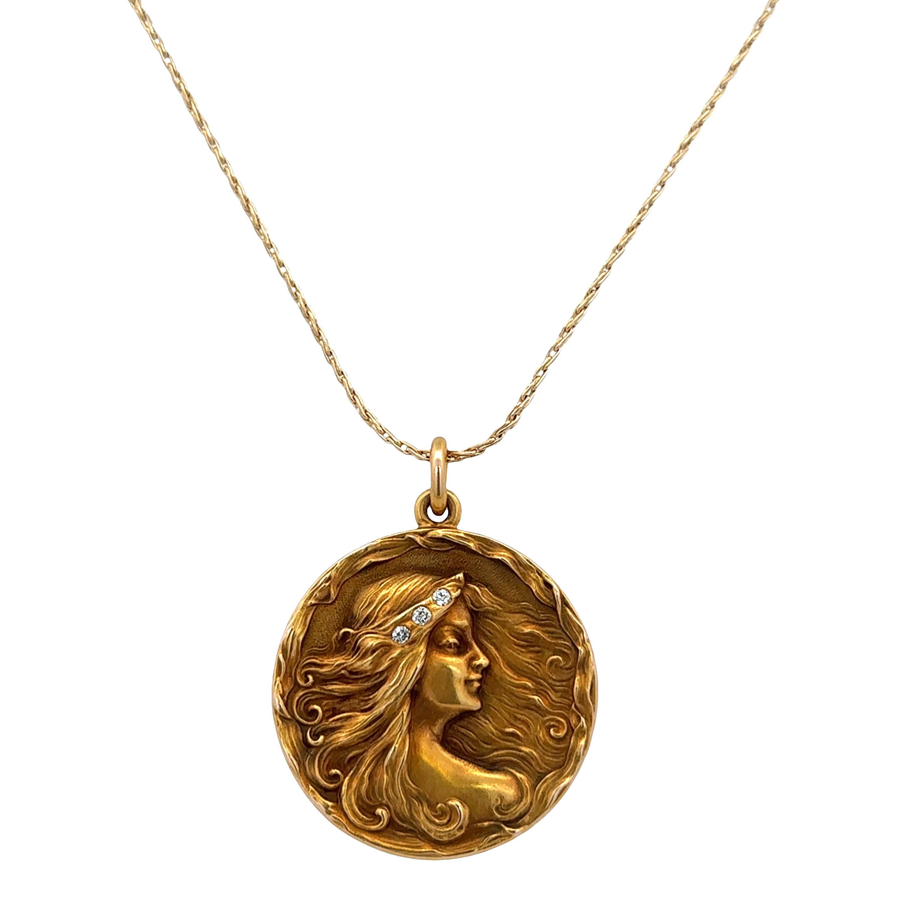 Antique Art Nouveau 14k Rose Gold Diamond Silhouette Locket Necklace – 16" Chain, Circa 1910s