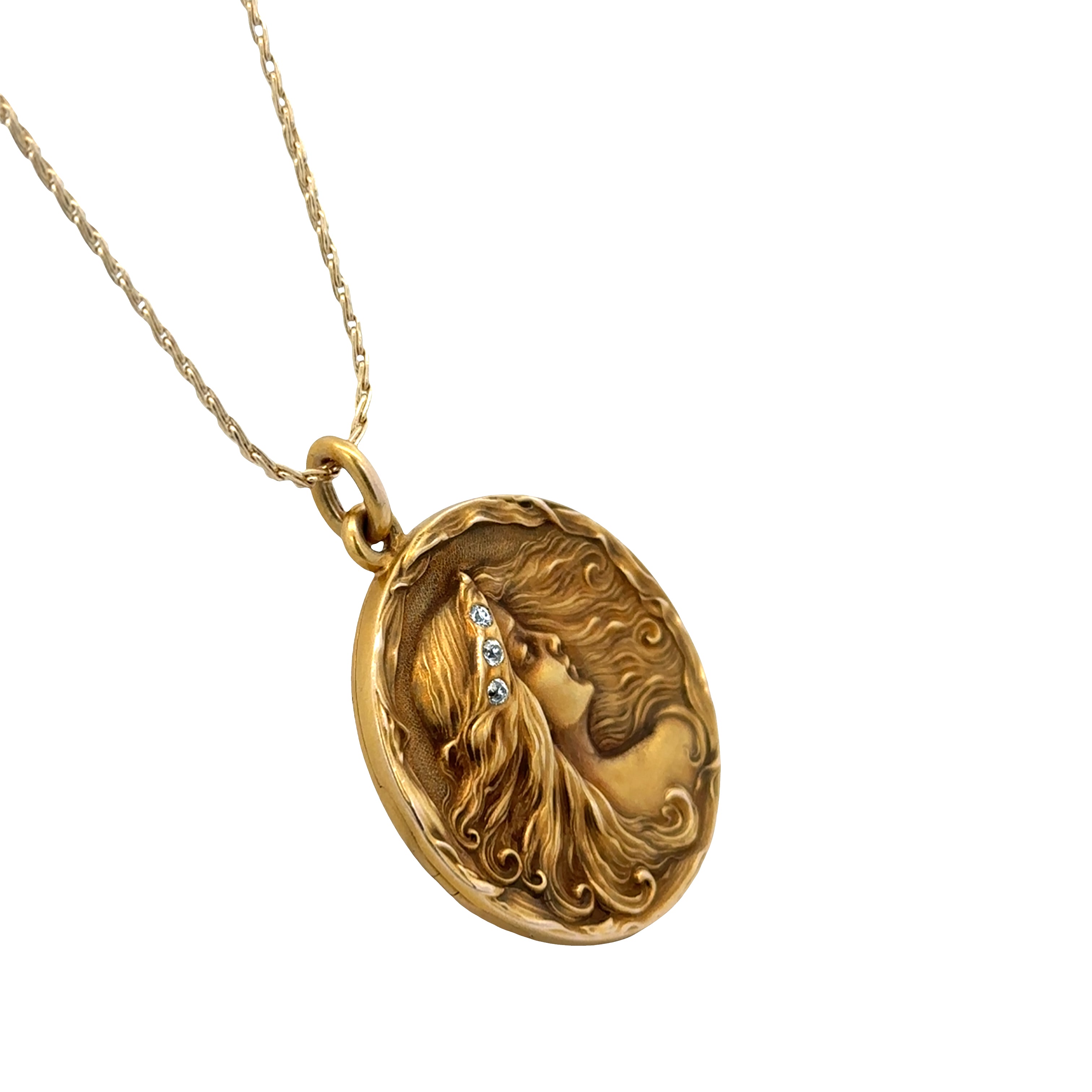 Antique Art Nouveau 14k Rose Gold Diamond Silhouette Locket Necklace – 16" Chain, Circa 1910s