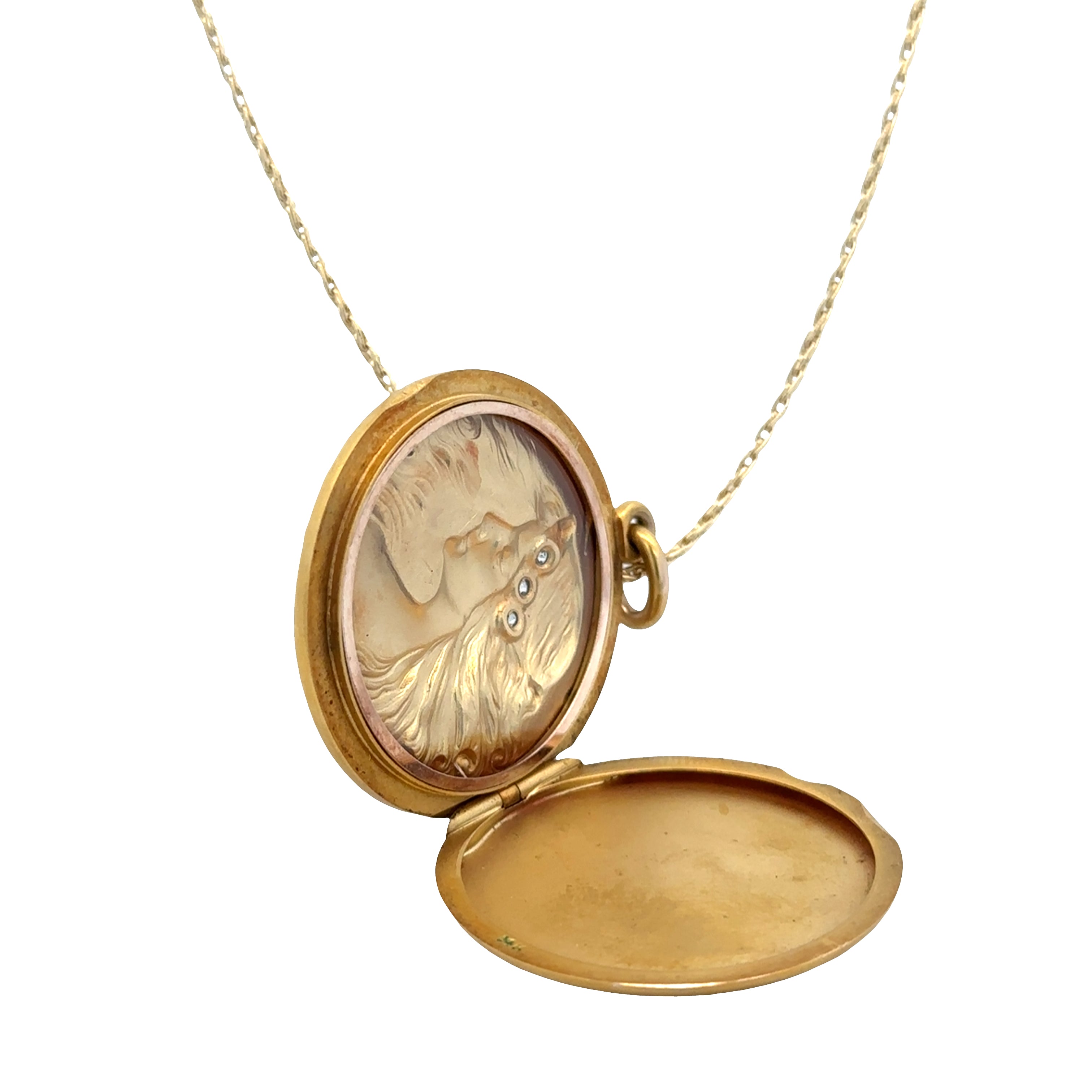 Antique Art Nouveau 14k Rose Gold Diamond Silhouette Locket Necklace – 16" Chain, Circa 1910s
