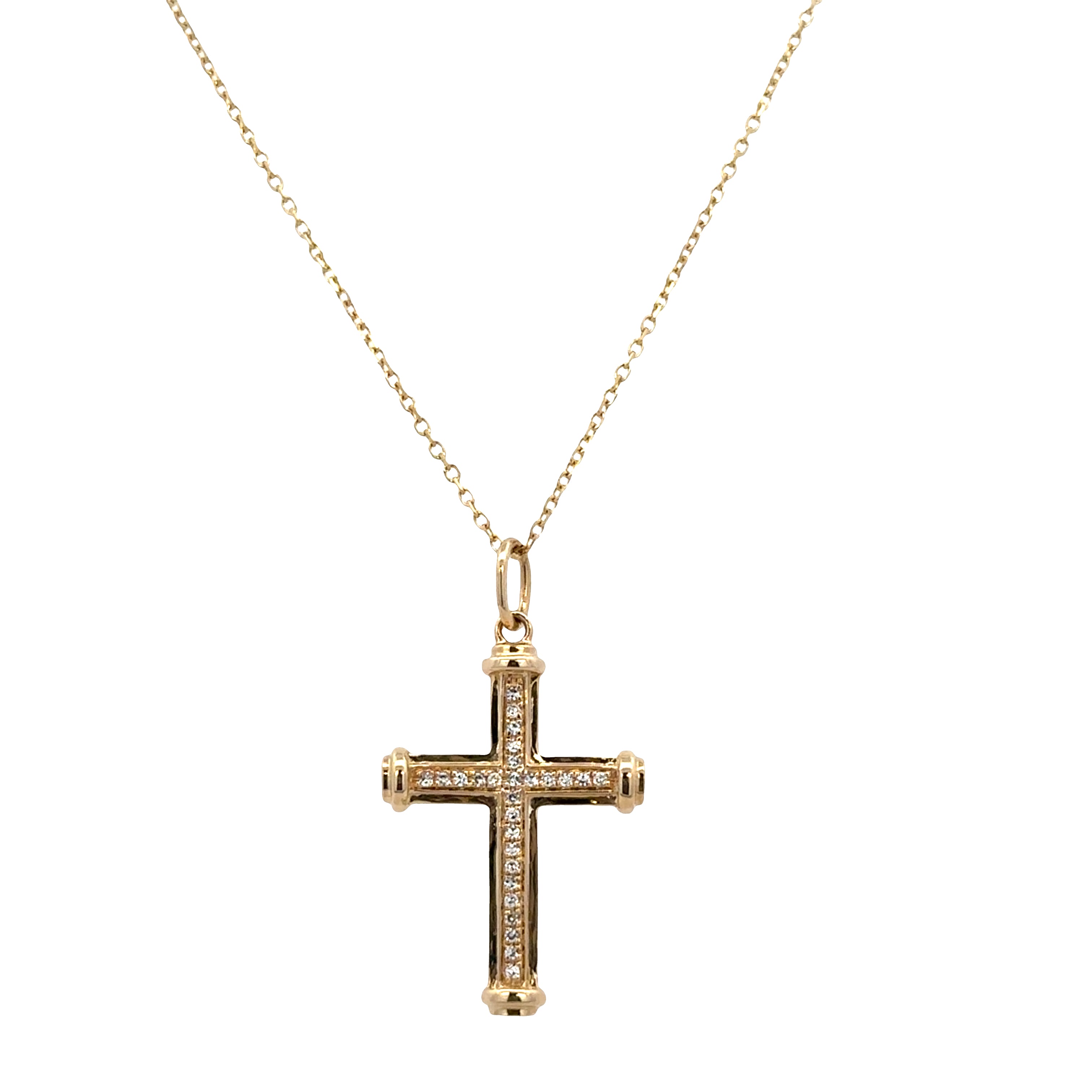 14k Yellow Gold Diamond Cross Pendant Necklace – Adjustable 18"