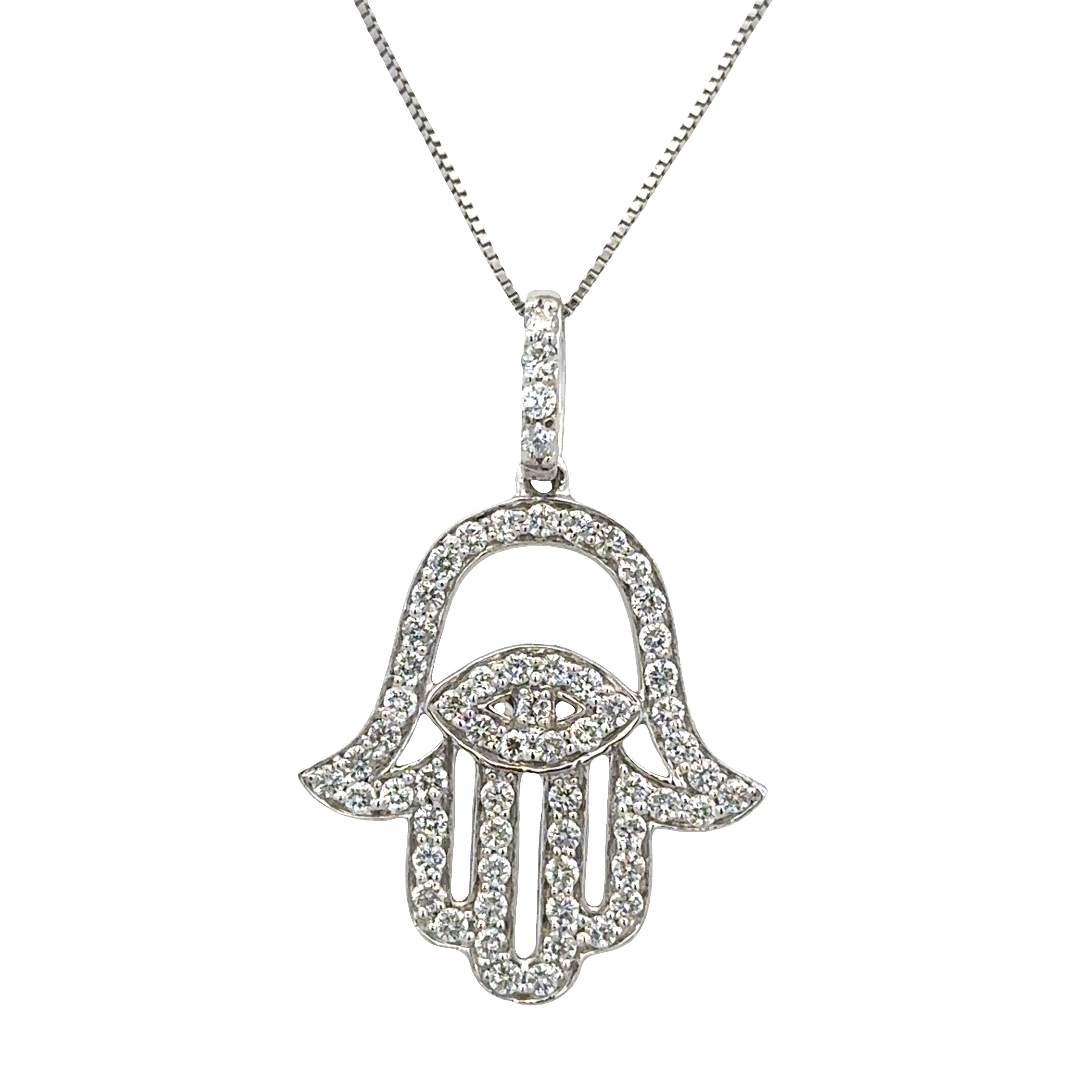 18k White Gold Diamond Hamsa Pendant Necklace – 18"