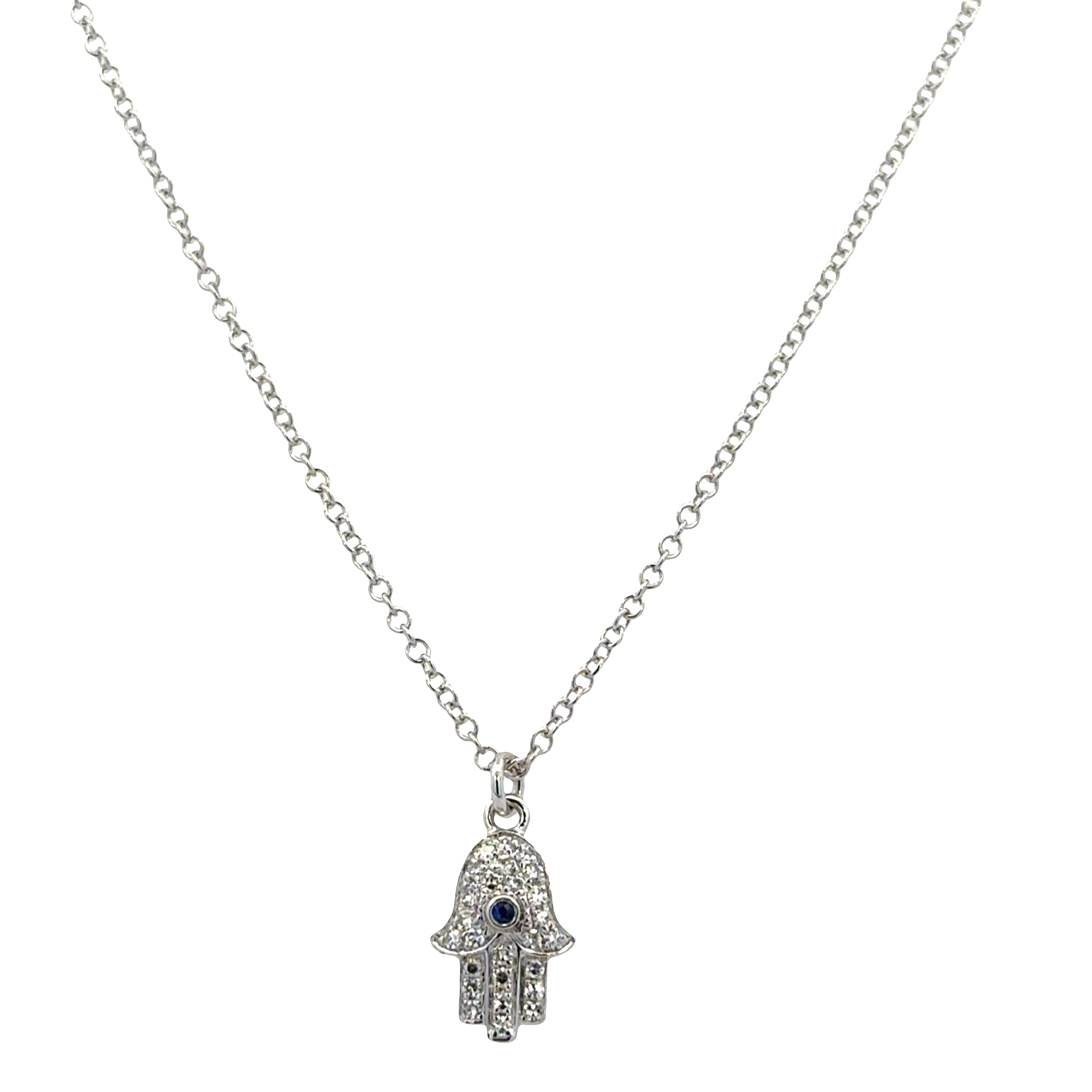 14k White Gold Sapphire & Diamond Hamsa Pendant Necklace – Adjustable 18"