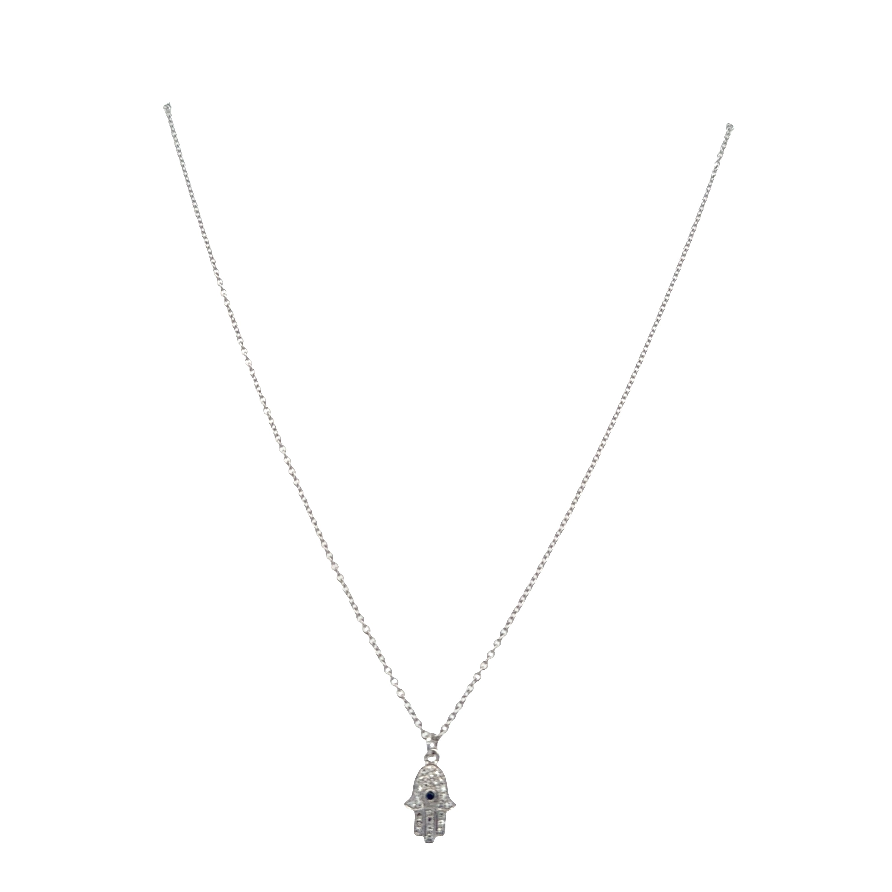 14k White Gold Sapphire & Diamond Hamsa Pendant Necklace – Adjustable 18"