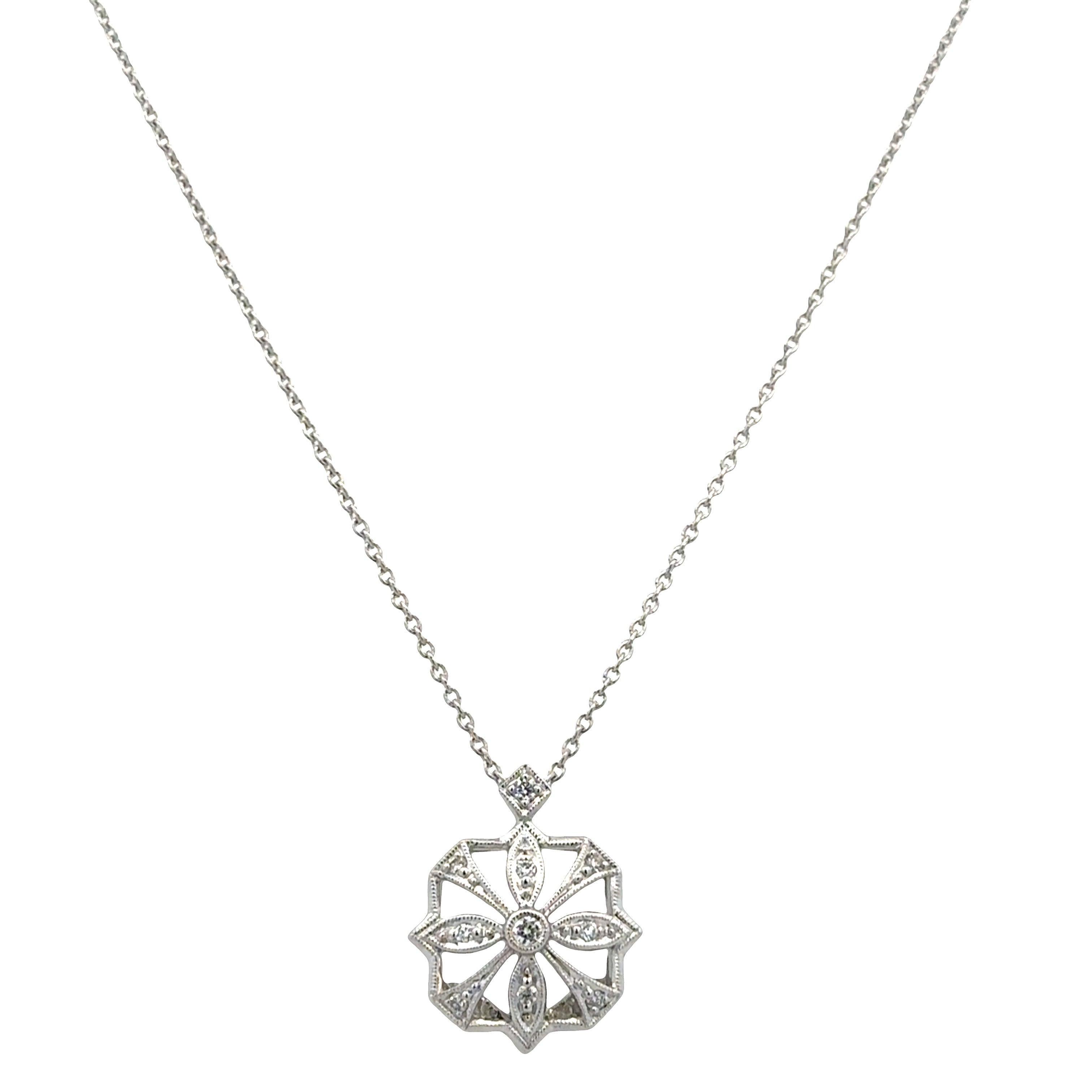 14k White Gold Vintage-Inspired Diamond Floral Openwork Pendant Necklace – Adjustable 18"