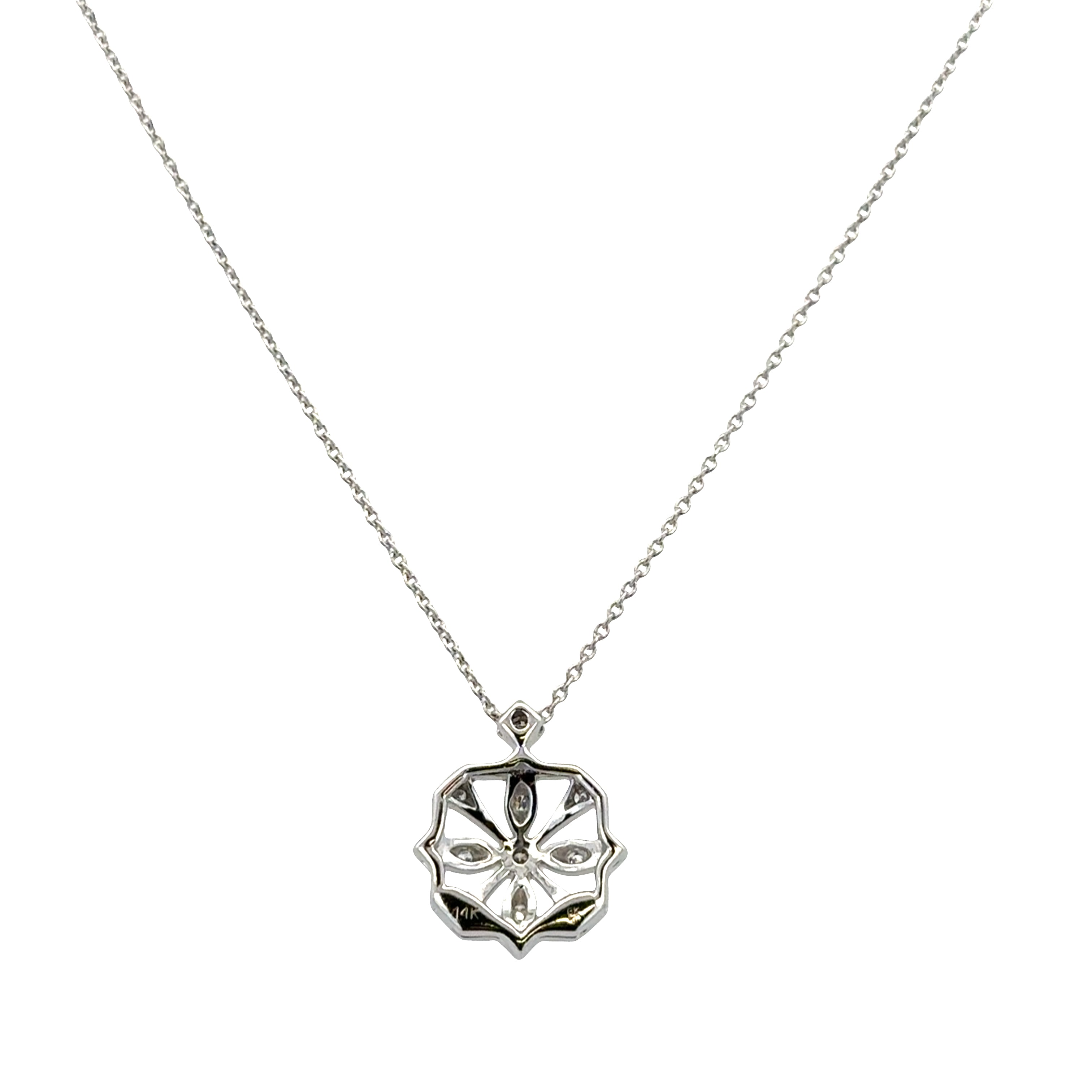 14k White Gold Vintage-Inspired Diamond Floral Openwork Pendant Necklace – Adjustable 18"