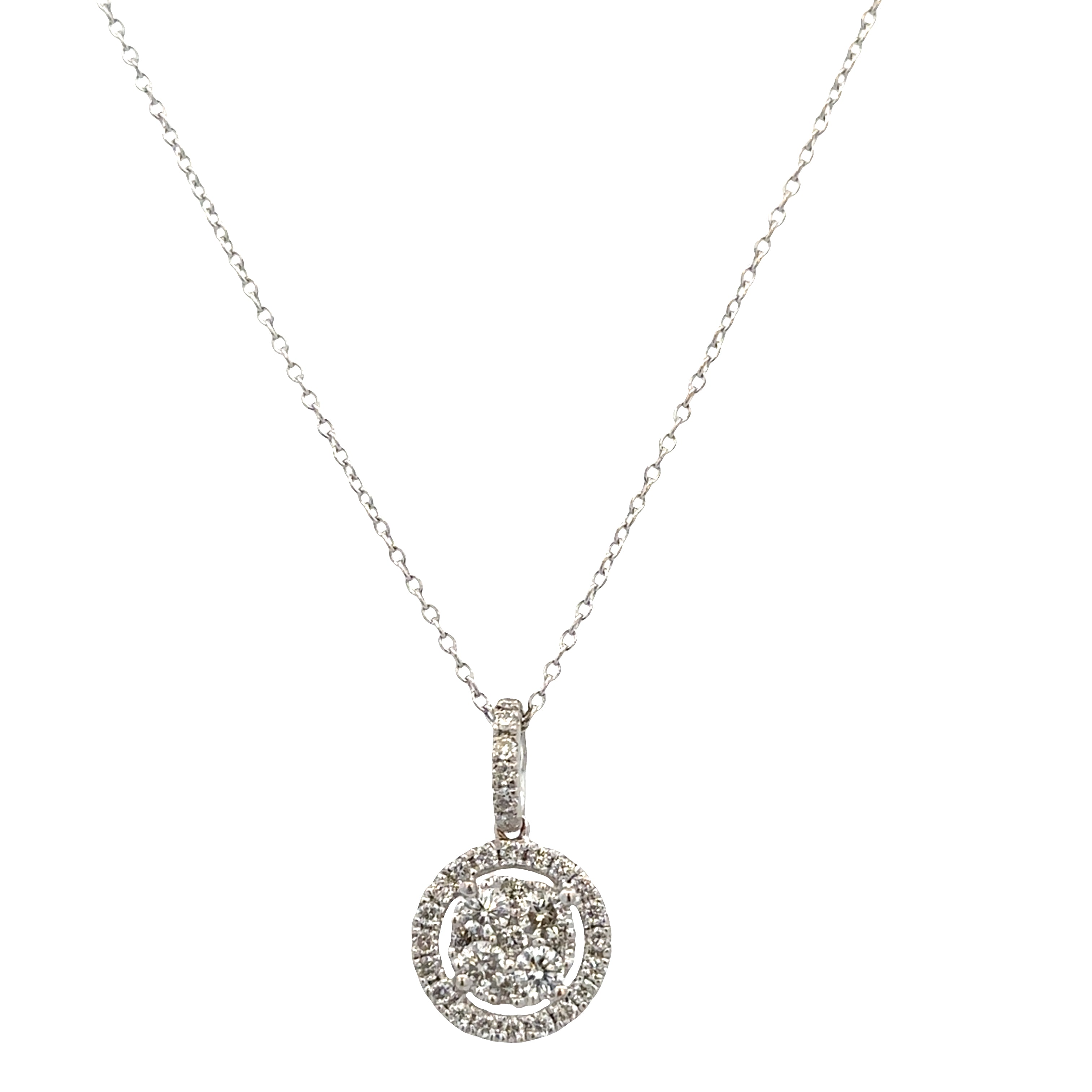 14k White Gold Diamond Cluster Pendant Necklace – Adjustable 20"