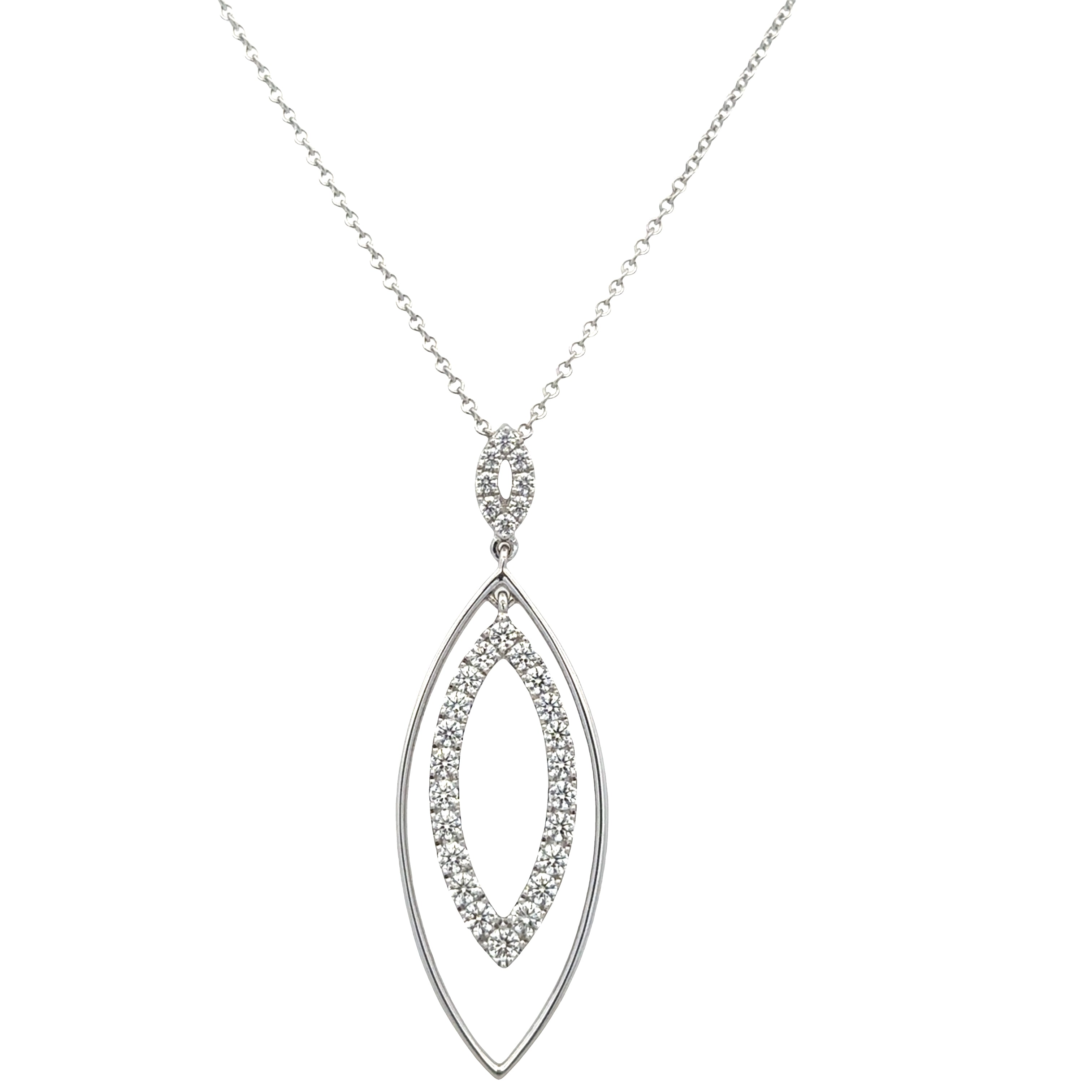 18k White Gold Diamond Navette Pendant Necklace – Adjustable 20" – Rhodium Plated