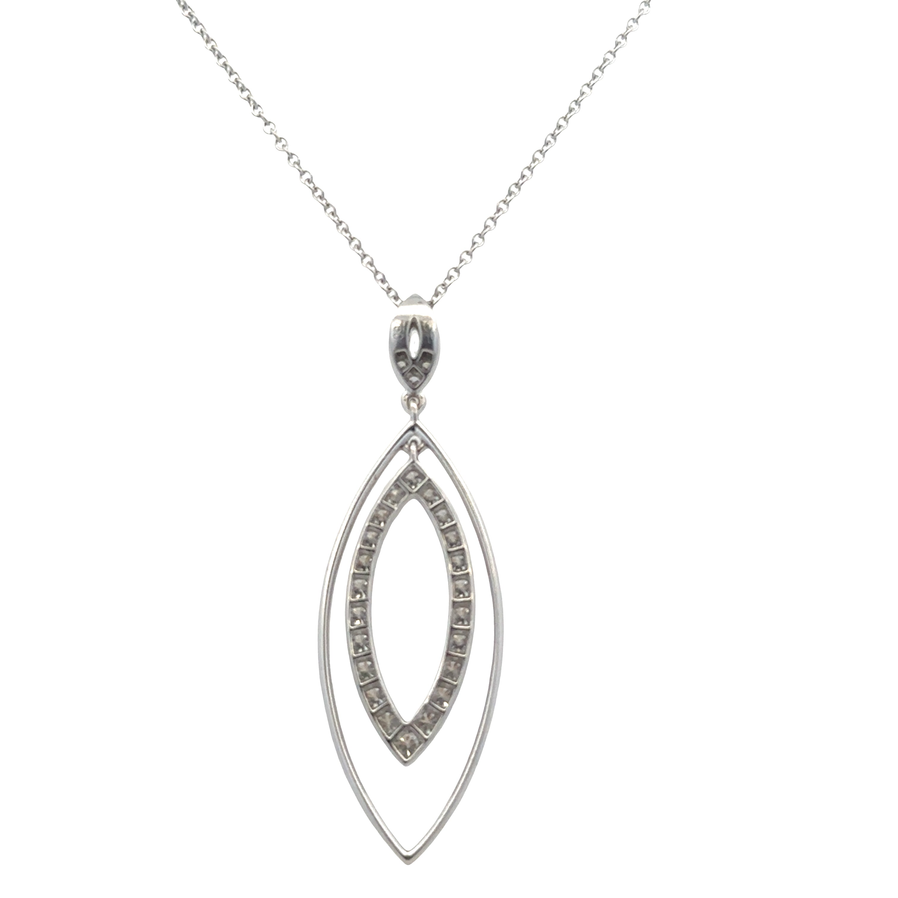 18k White Gold Diamond Navette Pendant Necklace – Adjustable 20" – Rhodium Plated