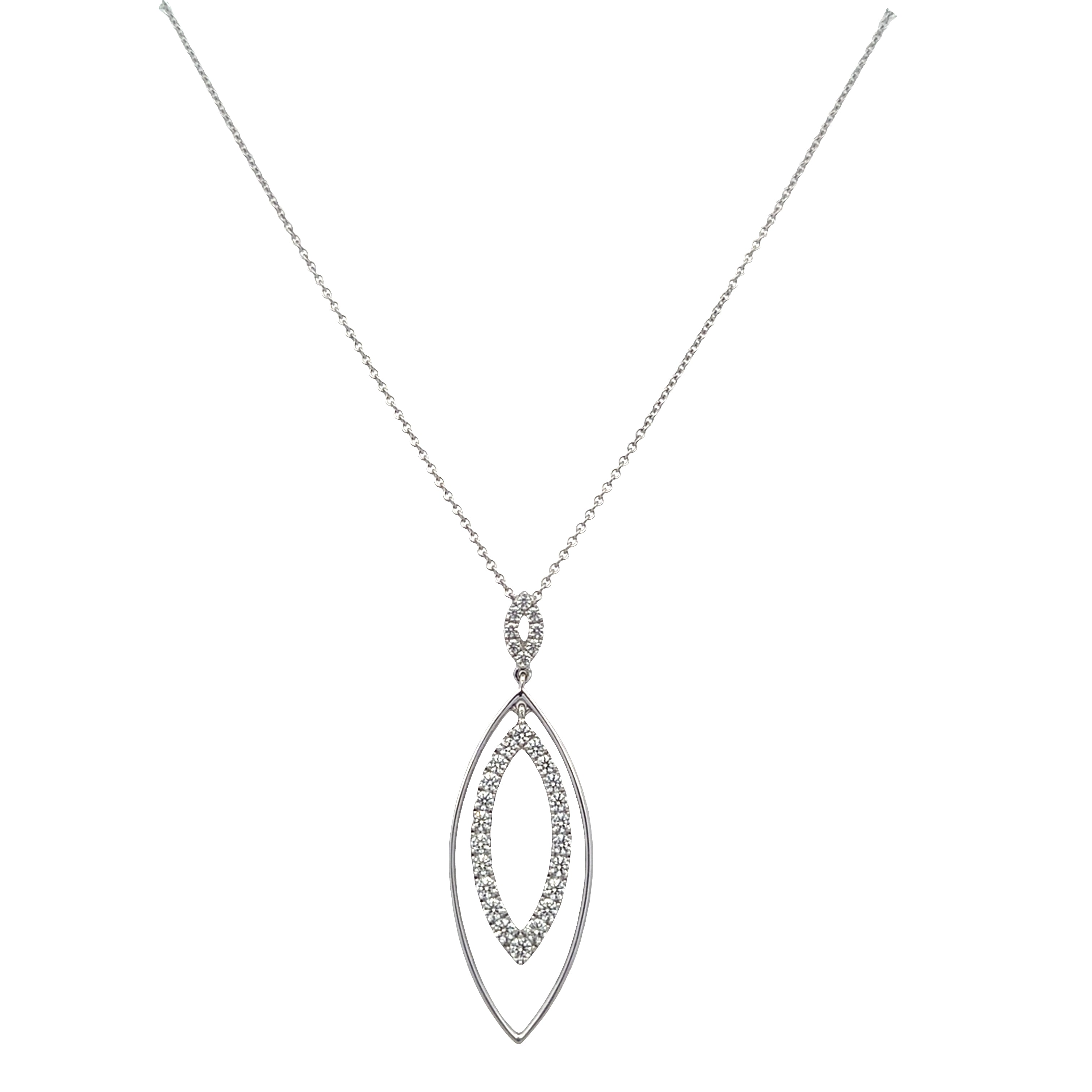 18k White Gold Diamond Navette Pendant Necklace – Adjustable 20" – Rhodium Plated