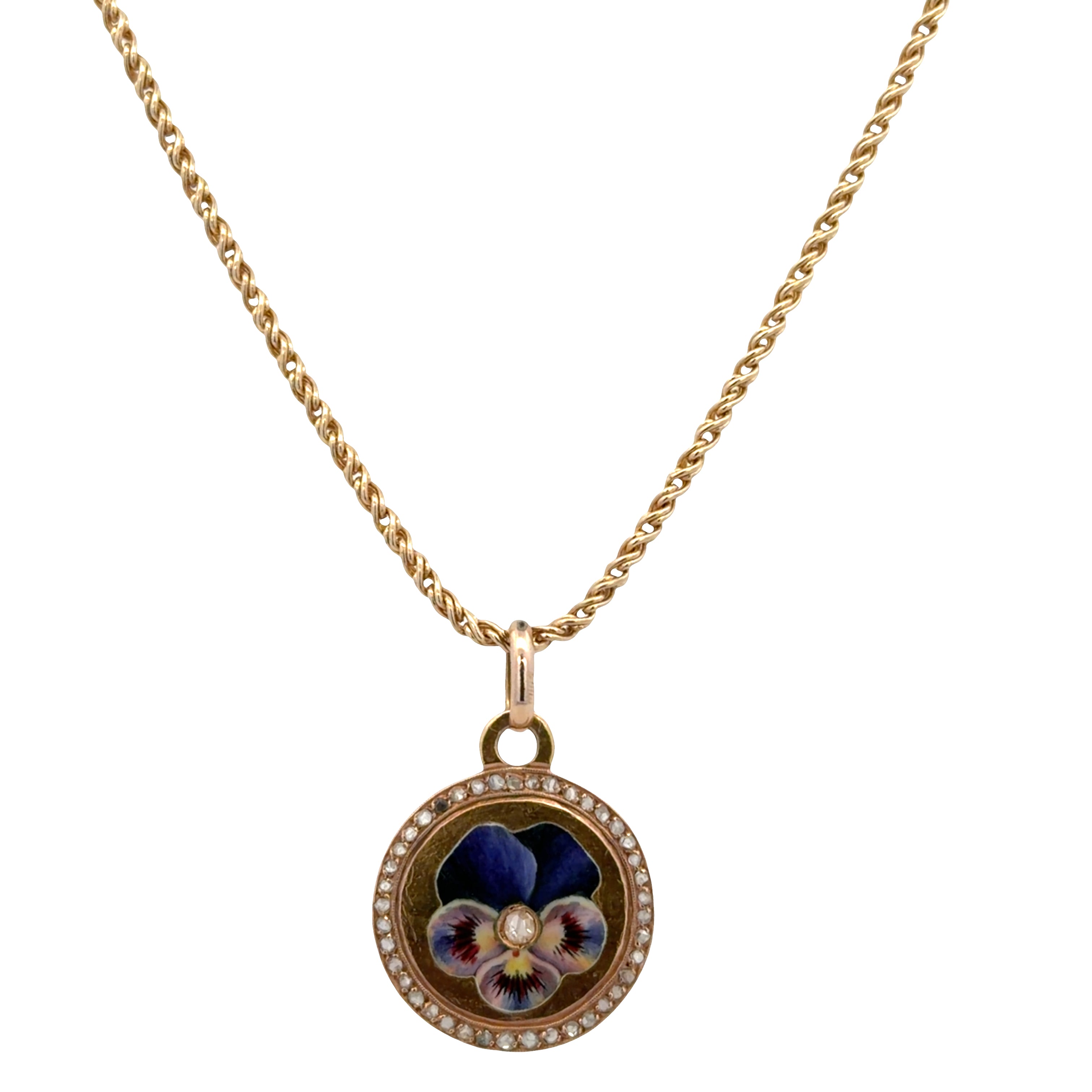 14k Rose Gold Enamel Pansy & Rose Cut Diamond Pendant Necklace – 18"