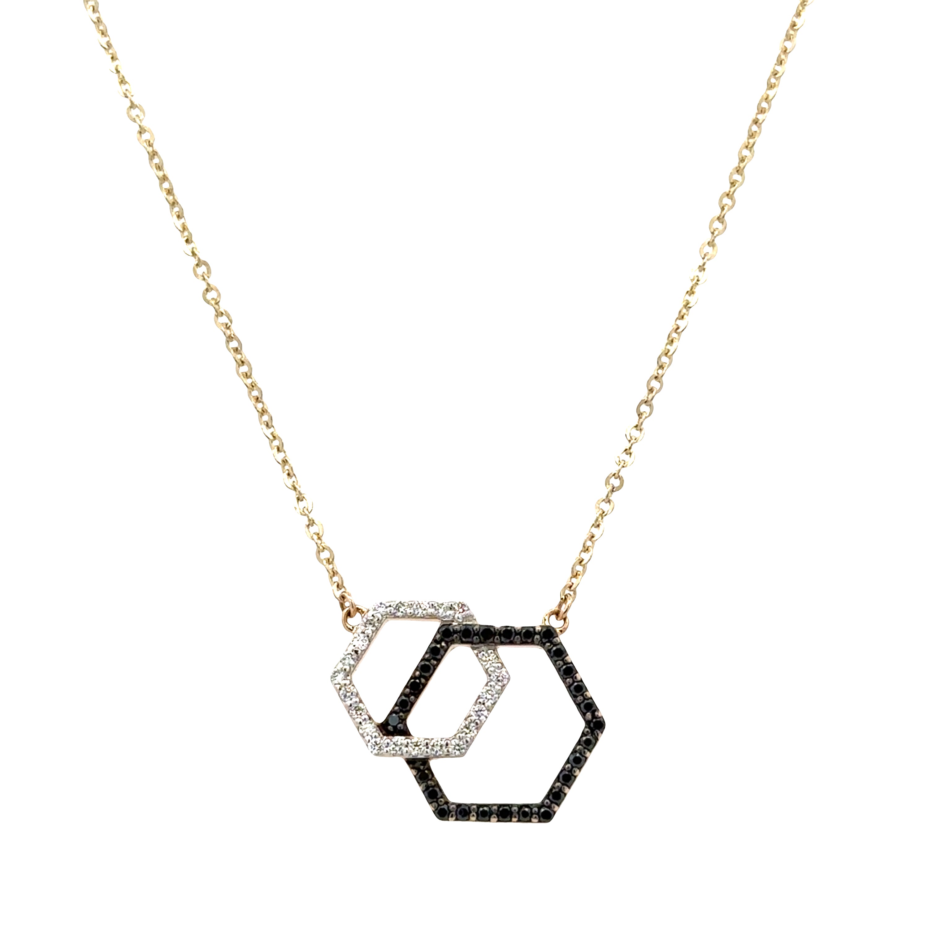14k Yellow Gold Black & White Diamond Hexagonal Necklace – 18"