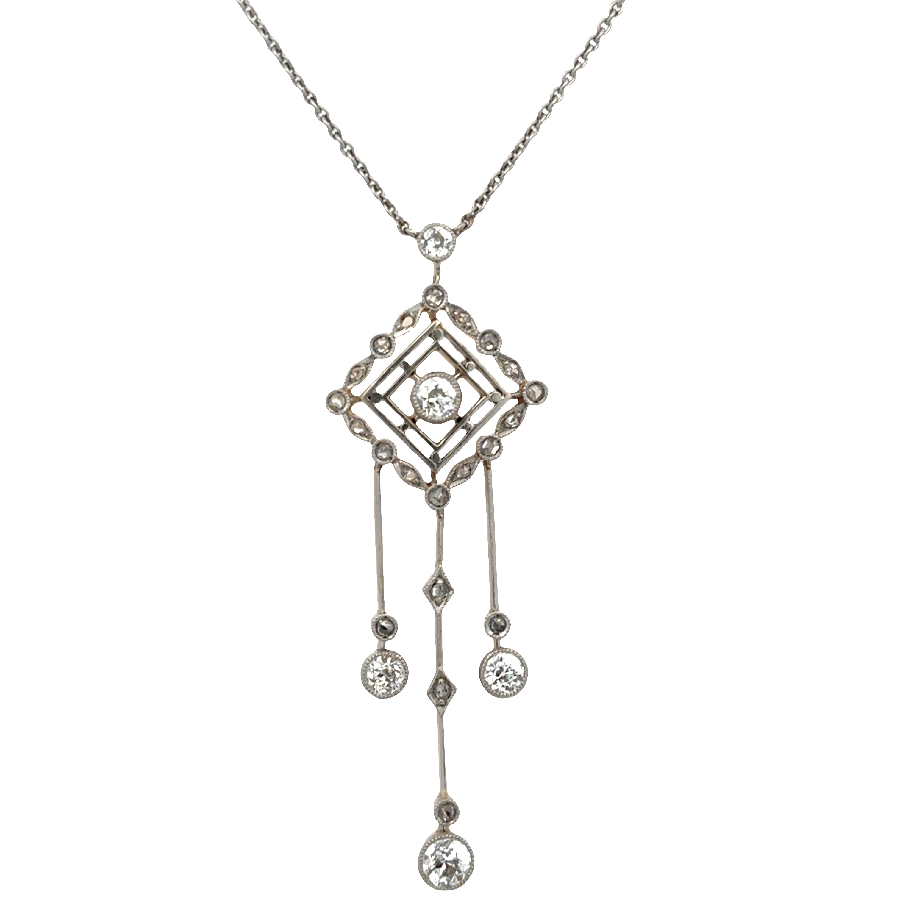 Antique Edwardian Platinum-Topped 14k Yellow Gold Diamond Lavalier Pendant Necklace – 18", Circa 1910s
